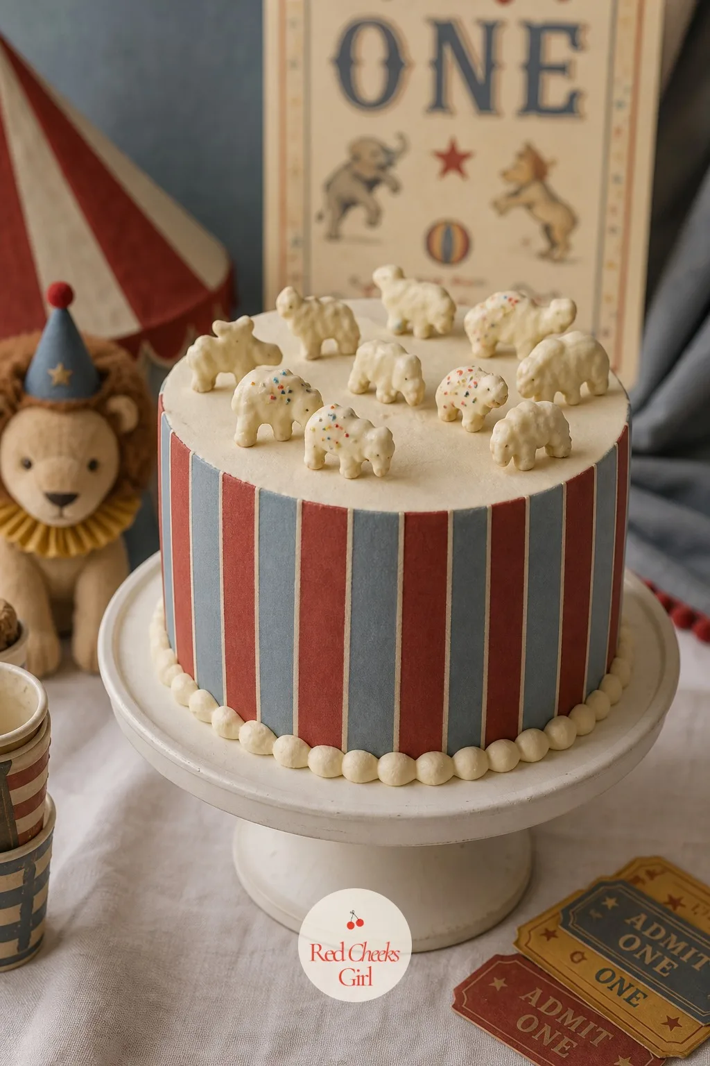 Dusty Blue and Muted Red Ring Cake — If mustard already feels spoken for elsewhere on the table, this version carries the other two colours instead. Vintage