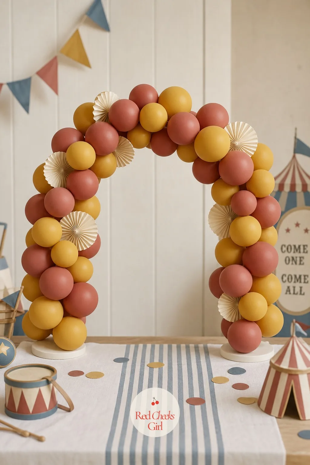 Mustard and Muted Red Peak Arch — A full size arch is not always where the budget or the ceiling height wants to go, and a tabletop version does nearly the