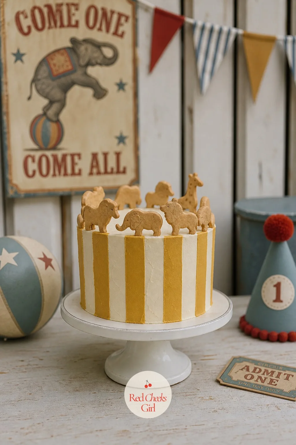 Mustard Stripe Smash Cake With an Animal Cracker Crown — A bakery box of plain cream buttercream is not going to carry a theme on its own, and it does not need
