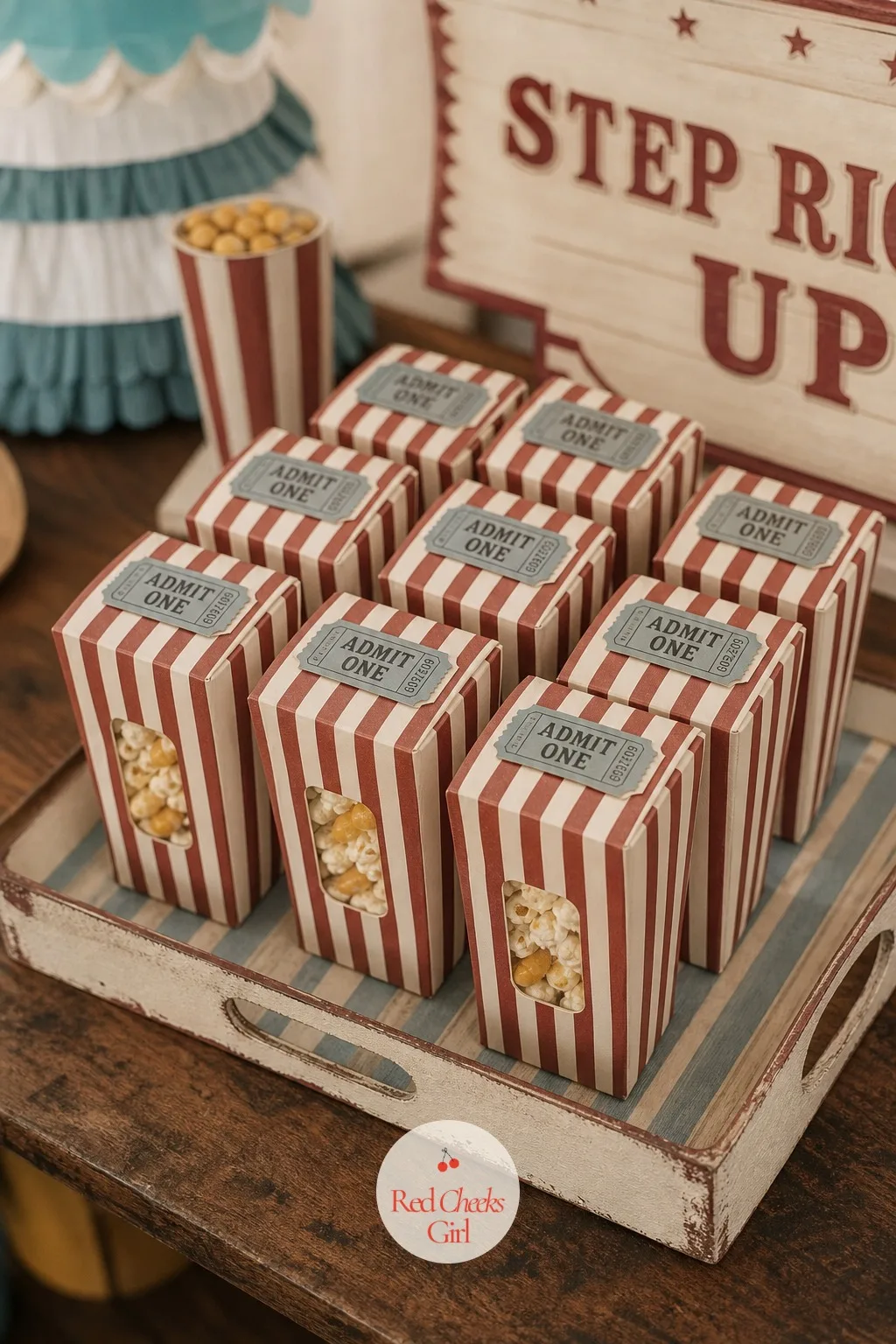 Muted Red Striped Popcorn Favor Boxes — A little popcorn box travels better than a bag and looks like it belongs at a circus without any extra work. Vintage
