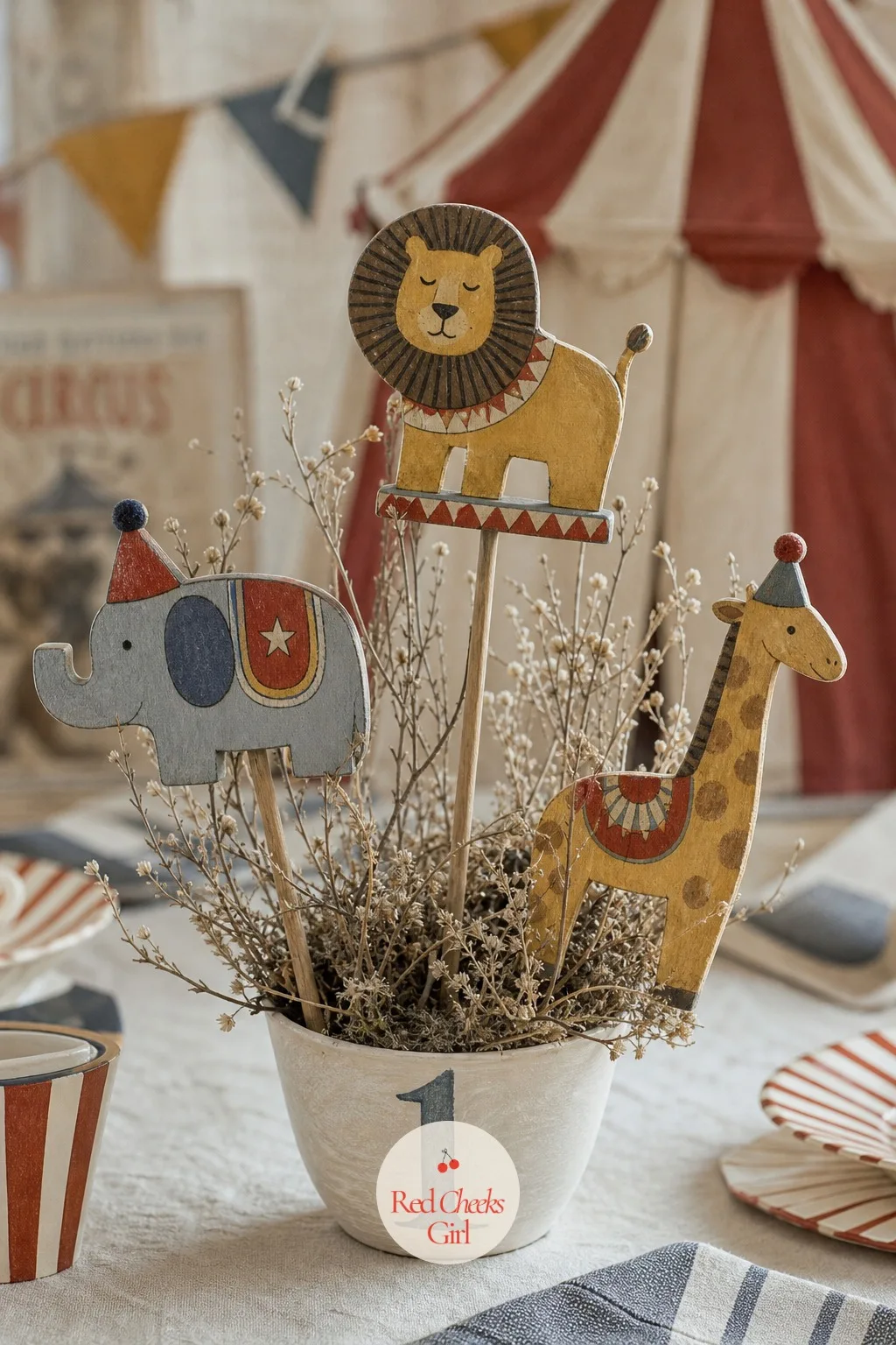 Painted Wood Animal Parade Centerpiece — A full carved menagerie is not required, three small painted wood animals on sticks do the job just as well. Vintage