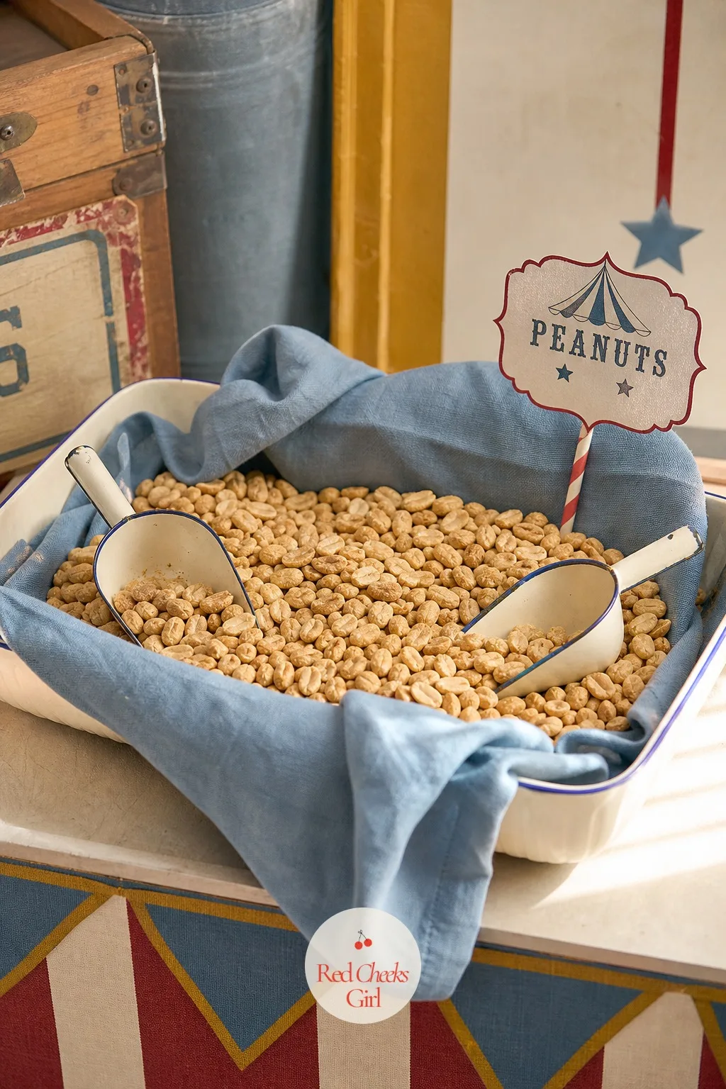 Peanut Tray With Dusty Blue Cloth and Enamel Scoops — Roasted peanuts need almost no styling to look like they belong at a circus, just a tray that is not