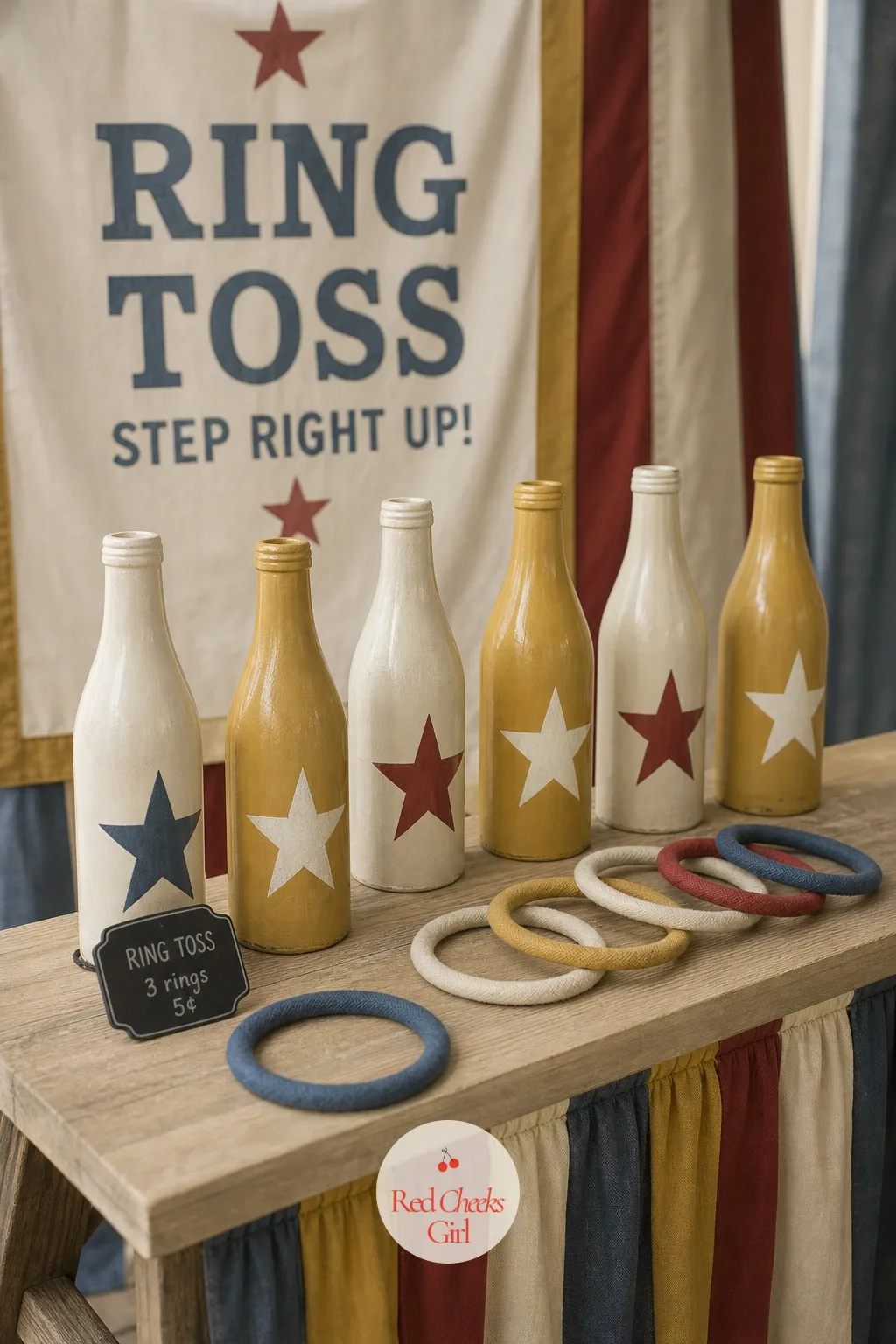 Ring Toss Over Painted Bottles — A row of painted bottles looks like proper vintage circus staging and costs almost nothing beyond the bottles already in the