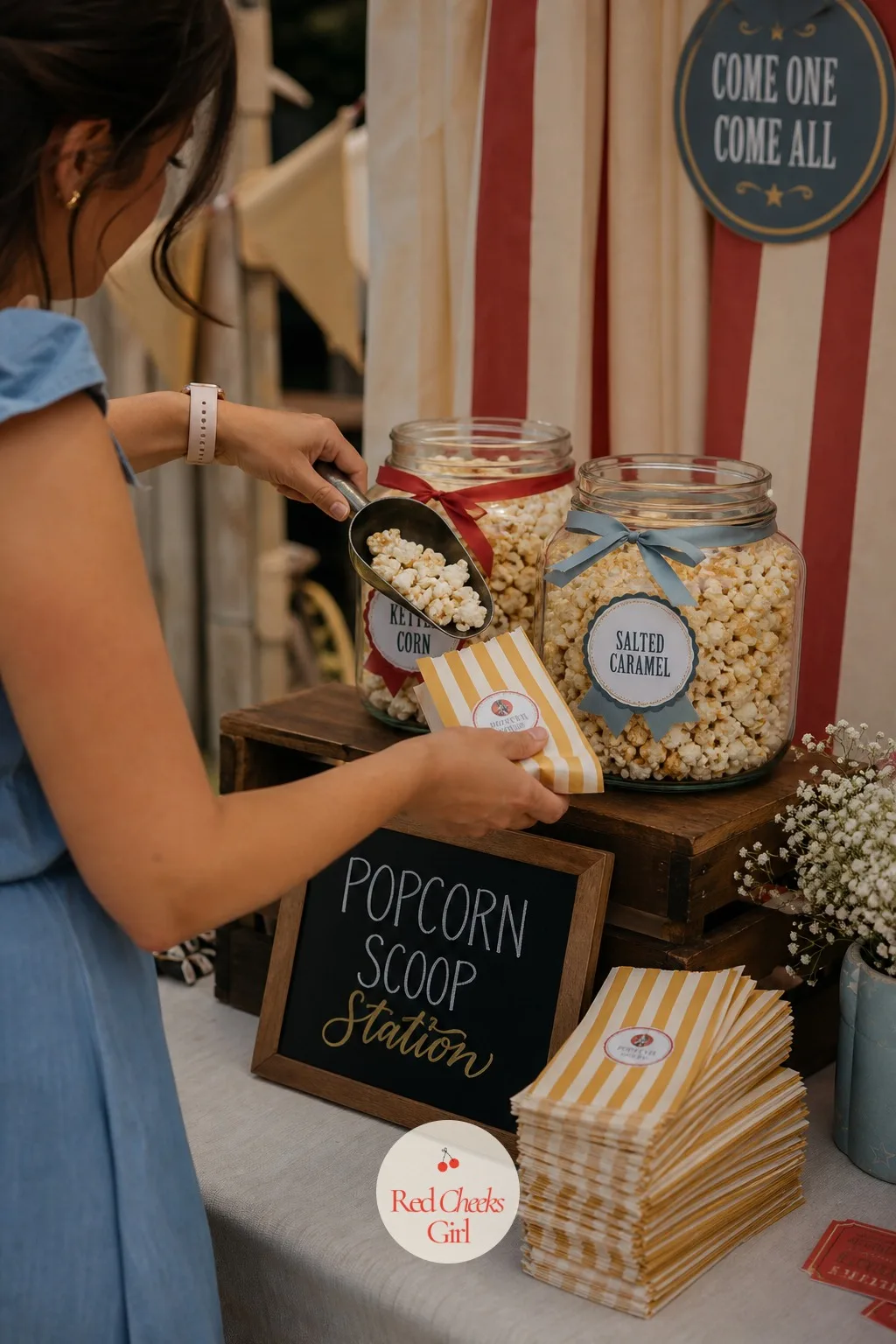 Striped Popcorn Scoop Station — Popcorn is cheap, it is quick, and it photographs better than almost anything else on a circus table. Vintage circus first