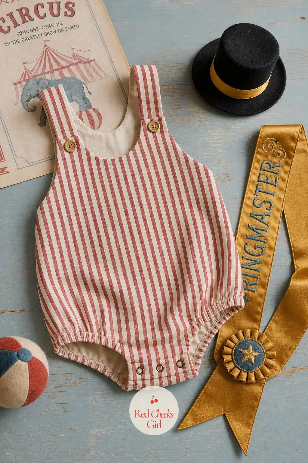 Striped Romper With Ringmaster Sash — A romper already on hand becomes the whole outfit with one extra piece added. Vintage circus first birthday
