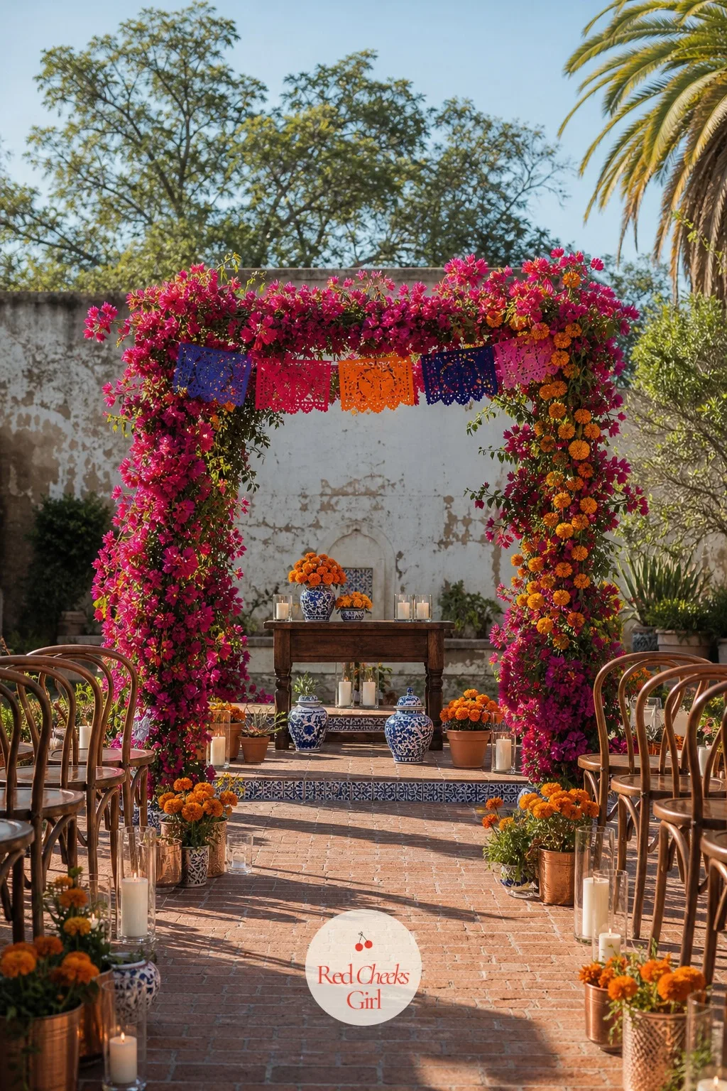 The Bougainvillea Ceremony Arch — An arch bare at the top looks unfinished in every photo taken from the aisle, and bougainvillea is the one flower that can