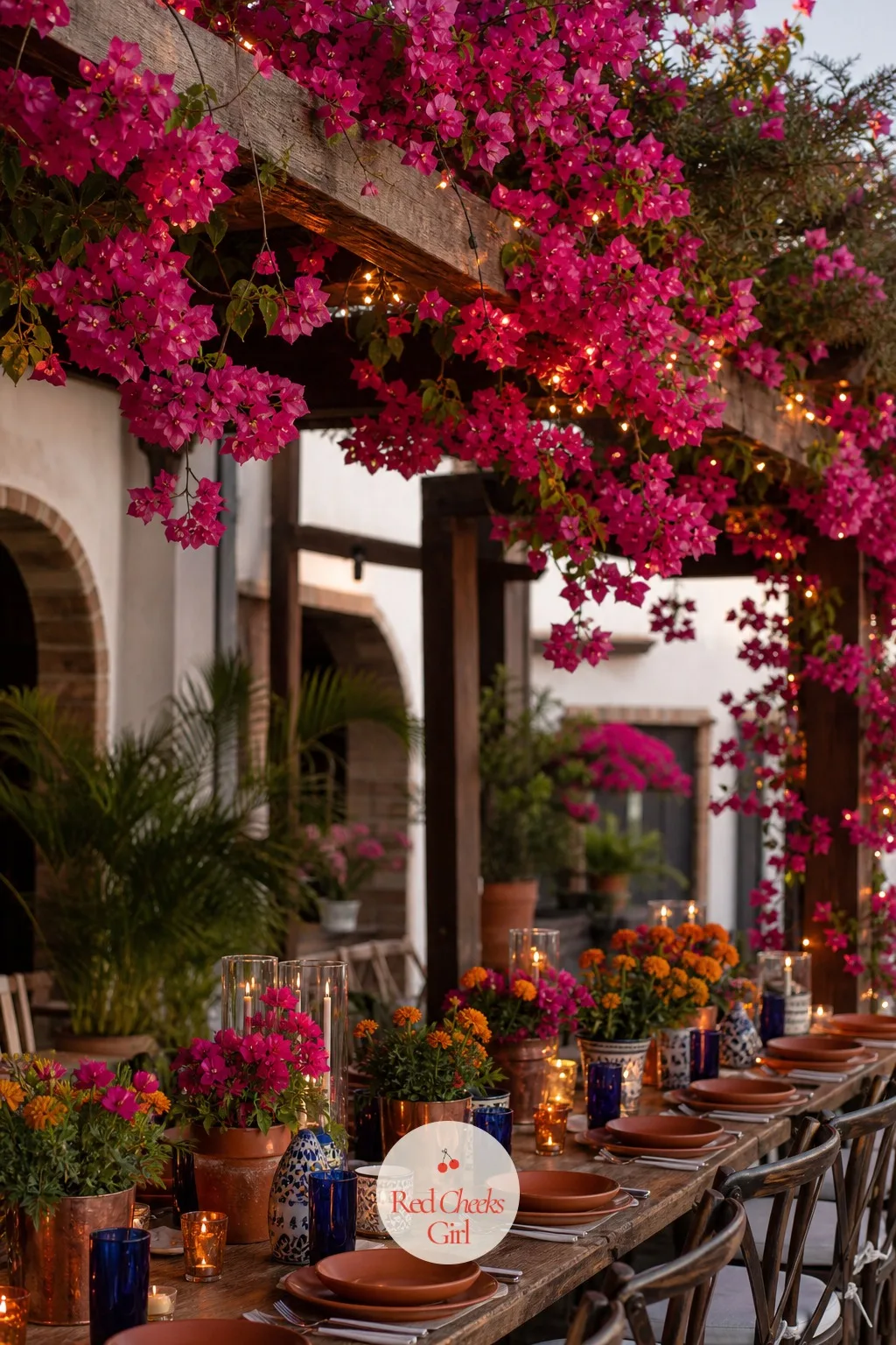 Bougainvillea Garlands Along the Beams — Overhead beams left bare just look unfinished once the canopy goes up elsewhere. Vintage mexican wedding