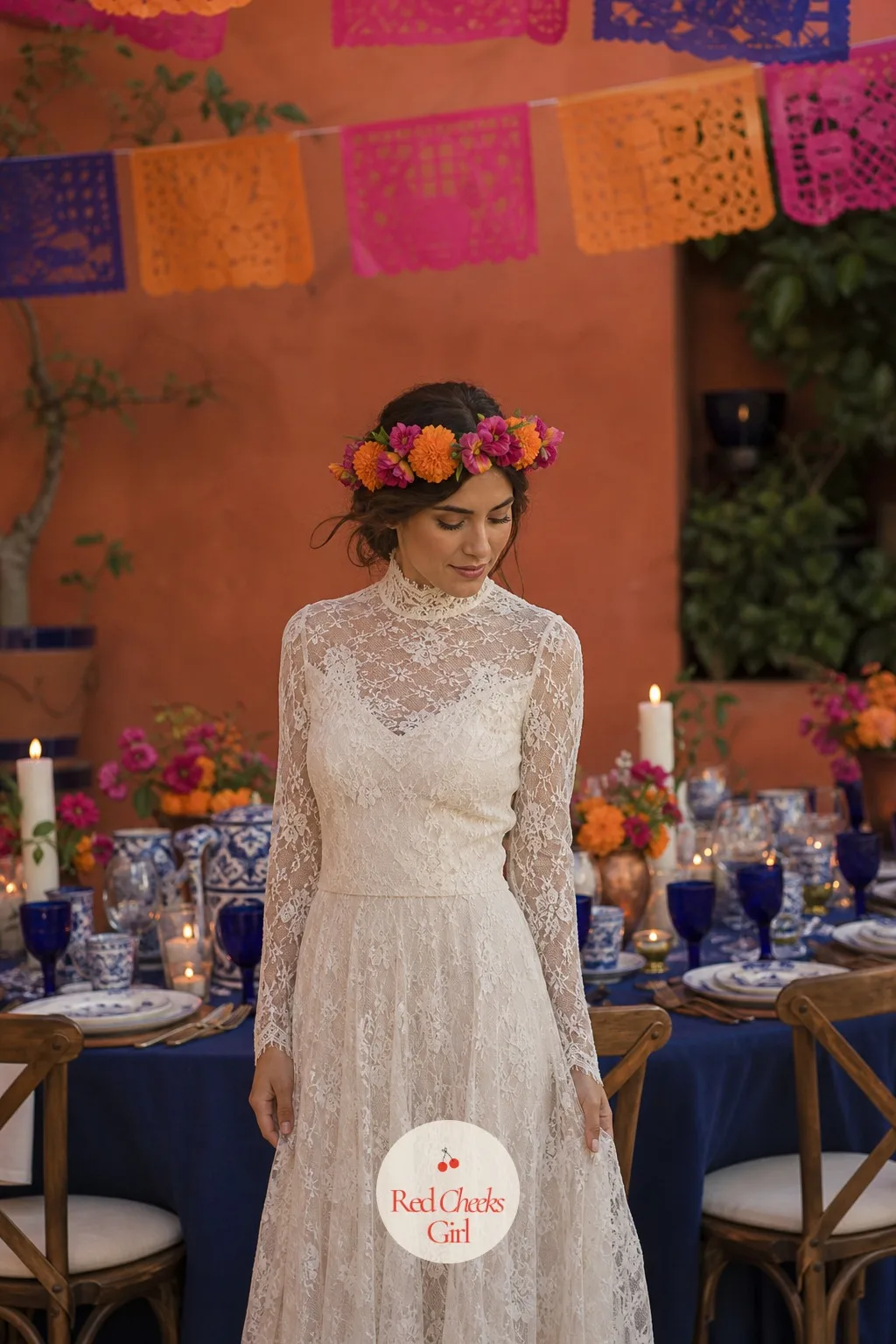 The Bride in a Vintage Lace Dress with a Flower Crown — A strapless modern gown reads nothing like the rest of the room. Vintage mexican wedding