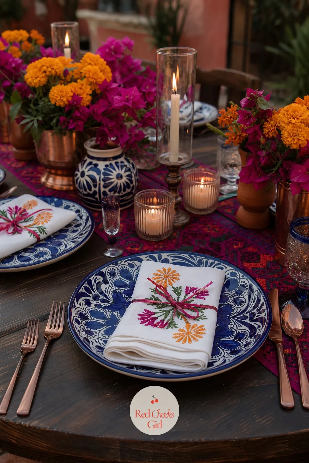 Embroidered Napkins at Every Place Setting — A plain white napkin disappears under the plate. Vintage mexican wedding