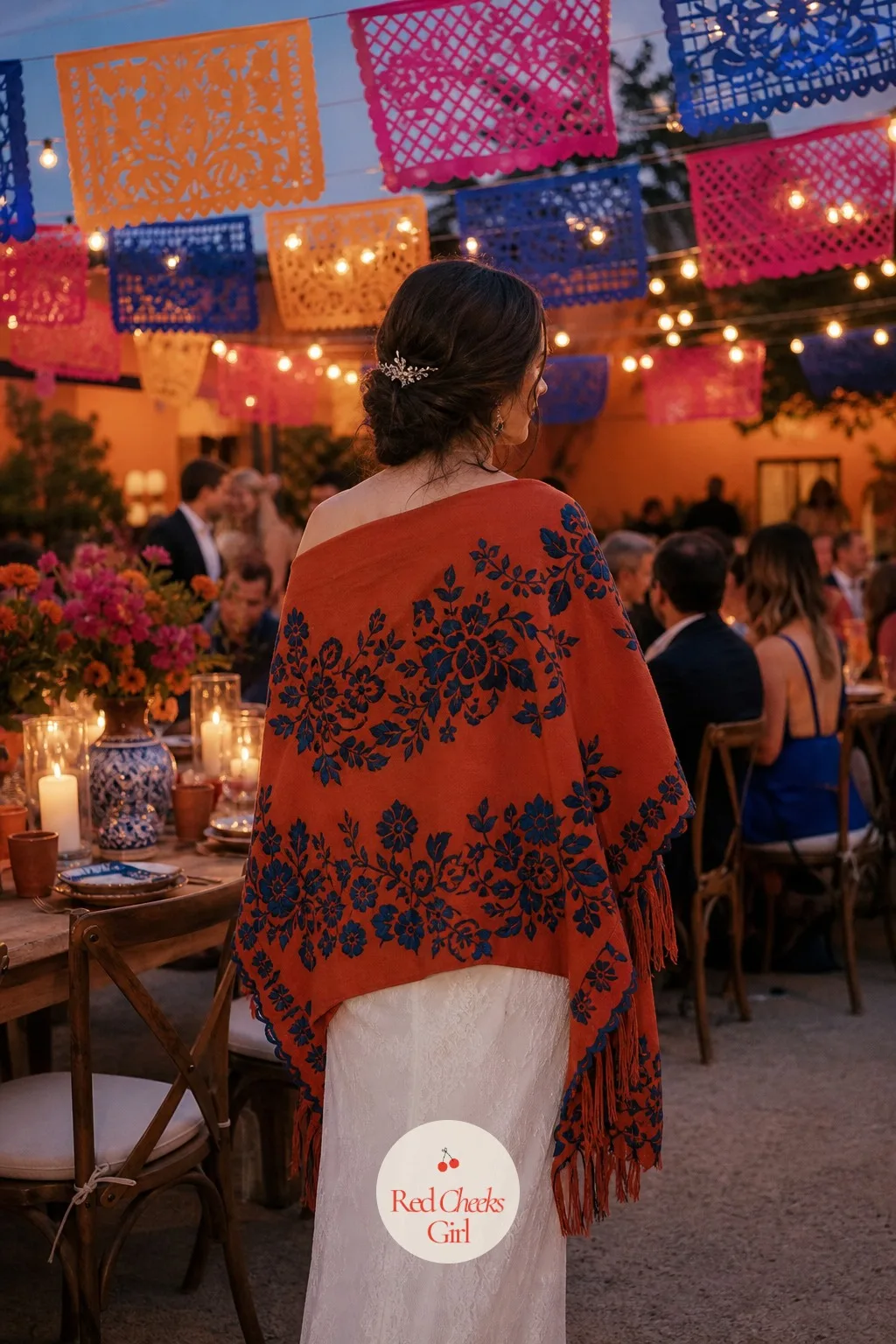 A Hand-Embroidered Rebozo for the Send-off — Evenings turn cool even somewhere warm, and a plain pashmina thrown over a lace dress breaks the whole look at the