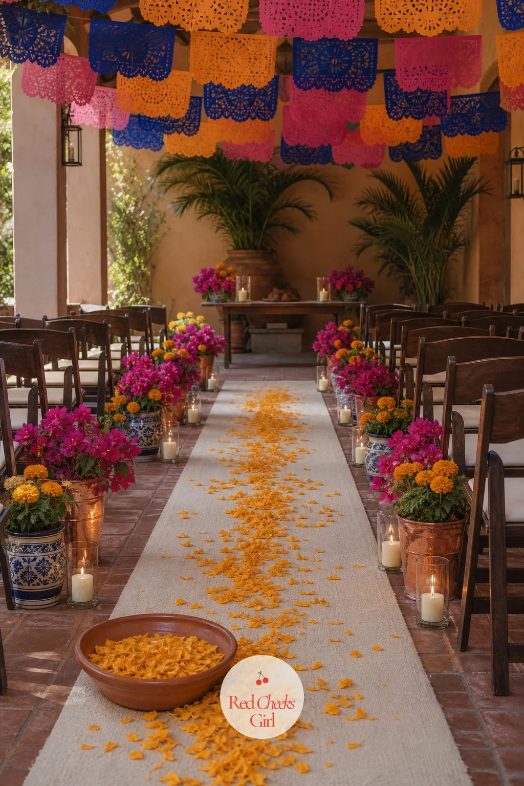 Marigold Petals Down the Aisle — Petals can feel like a throwaway detail, until loose marigold heads scattered down a plain aisle turn it instantly into