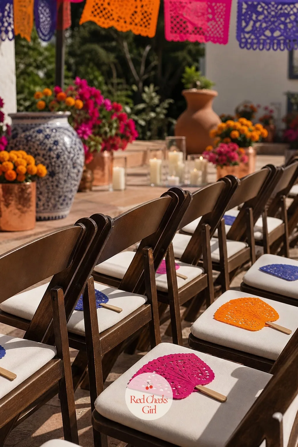 Papel Picado Paper Fans for Each Seat — A warm weather wedding with no fans leaves guests fanning themselves with the program by the ceremony's end. Vintage