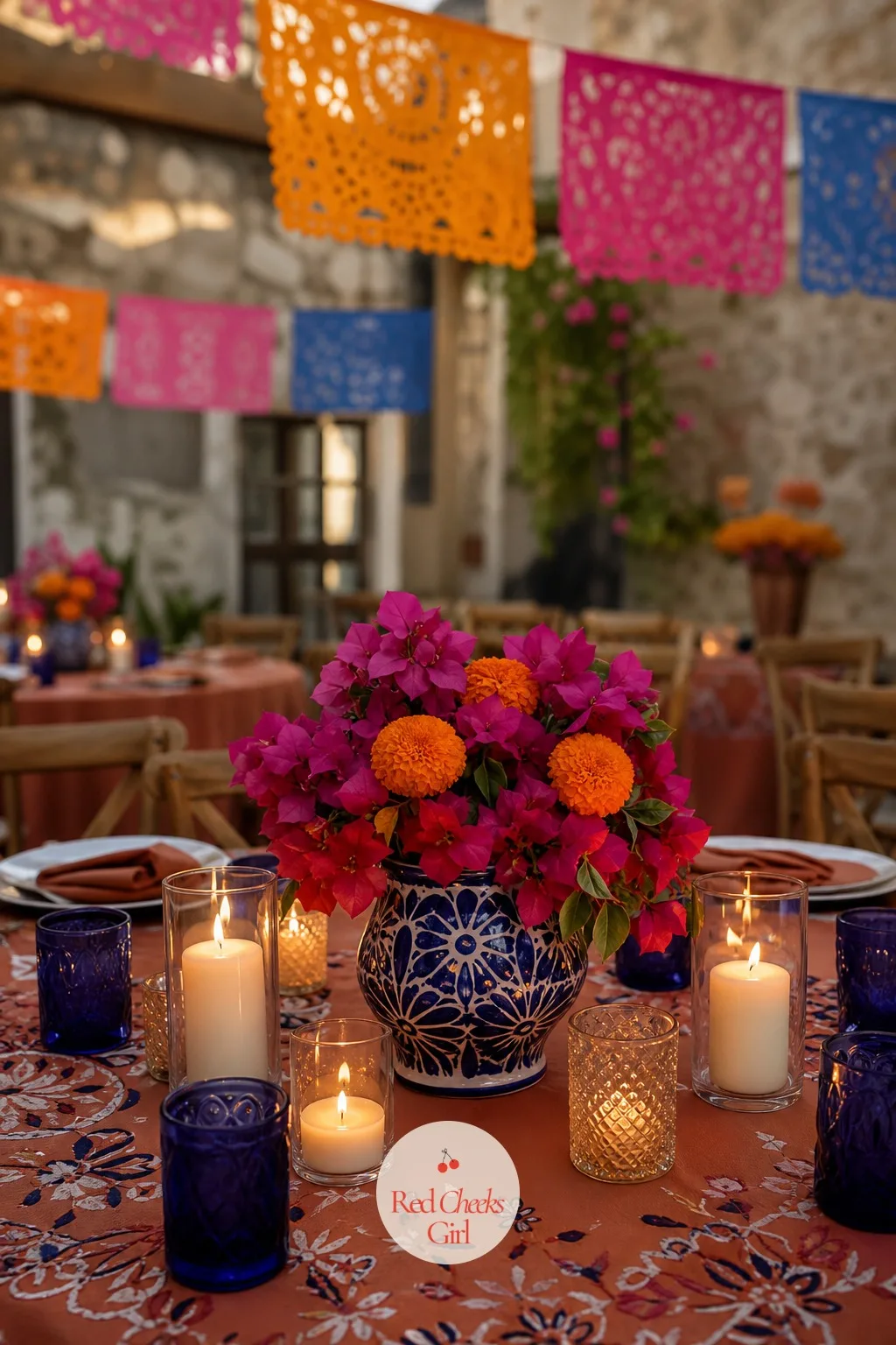Talavera Vases and Candles on the Reception Tables — A plain white tablecloth photographs fine, but it never says where you are. Vintage mexican wedding