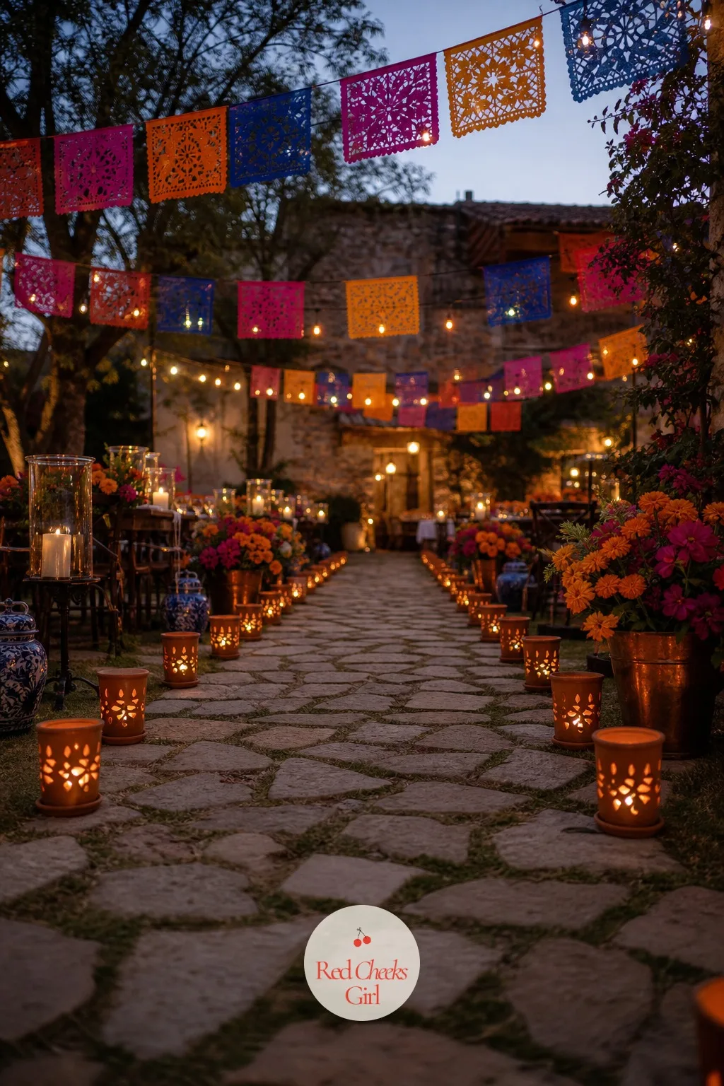 Terracotta Luminarias Lining the Aisle — As the sun drops, an aisle needs its own light source rather than relying on whatever the venue happens to have