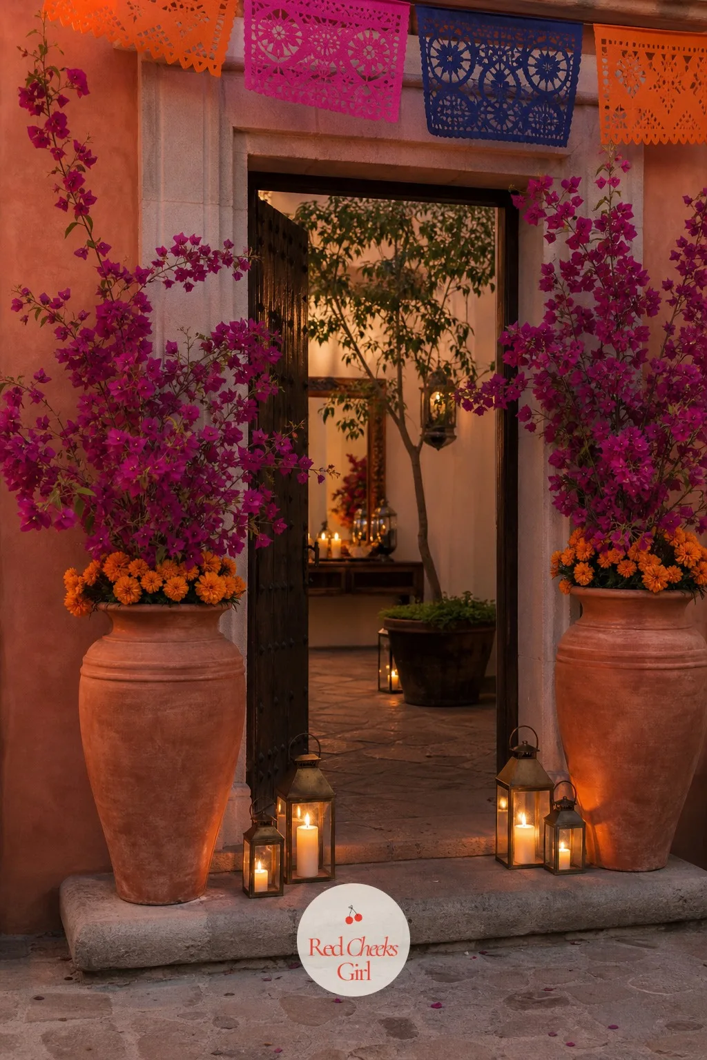 Terracotta Urns Flanking the Entrance — An entrance has about four seconds to tell a guest what kind of night this is, and a pair of tall terracotta urns
