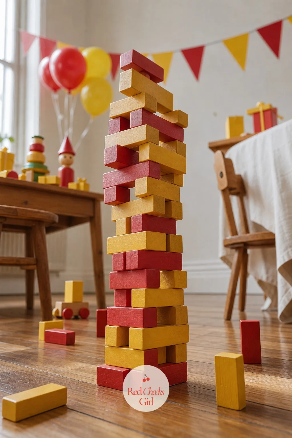 Block Tower Challenge — Twelve wooden blocks per player and thirty seconds on the clock, that is the whole setup. Vintage toy birthday party