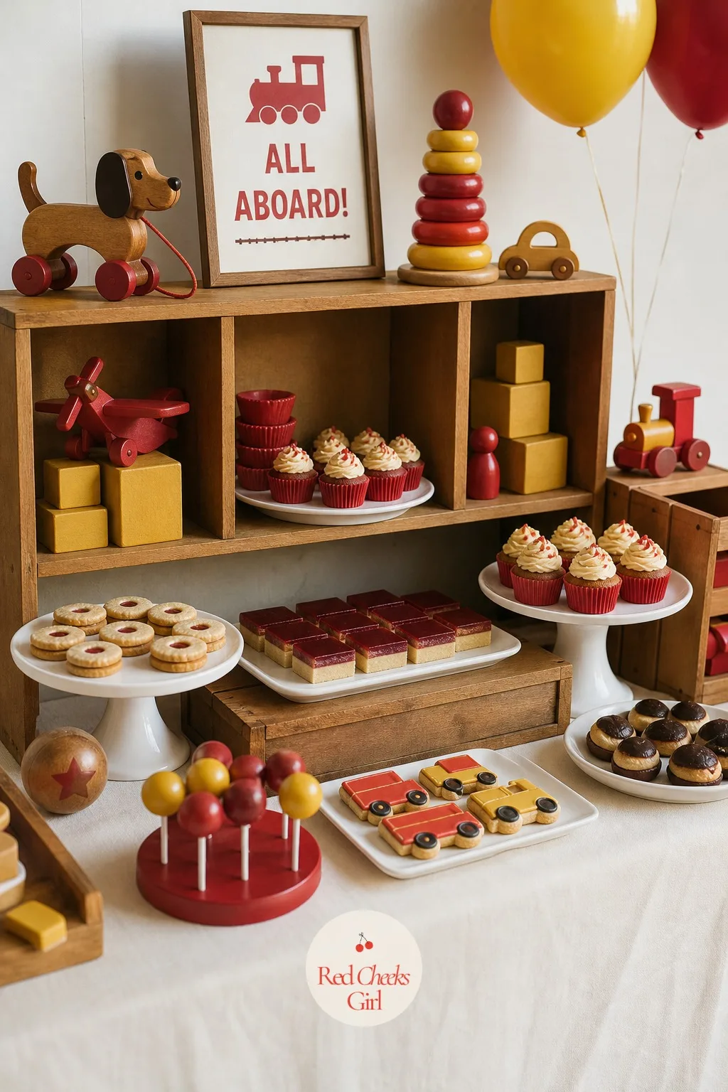 Dessert Table Styled Like a Toy Shelf — A table of plates and cupcakes alone photographs like any other birthday. Vintage toy birthday party