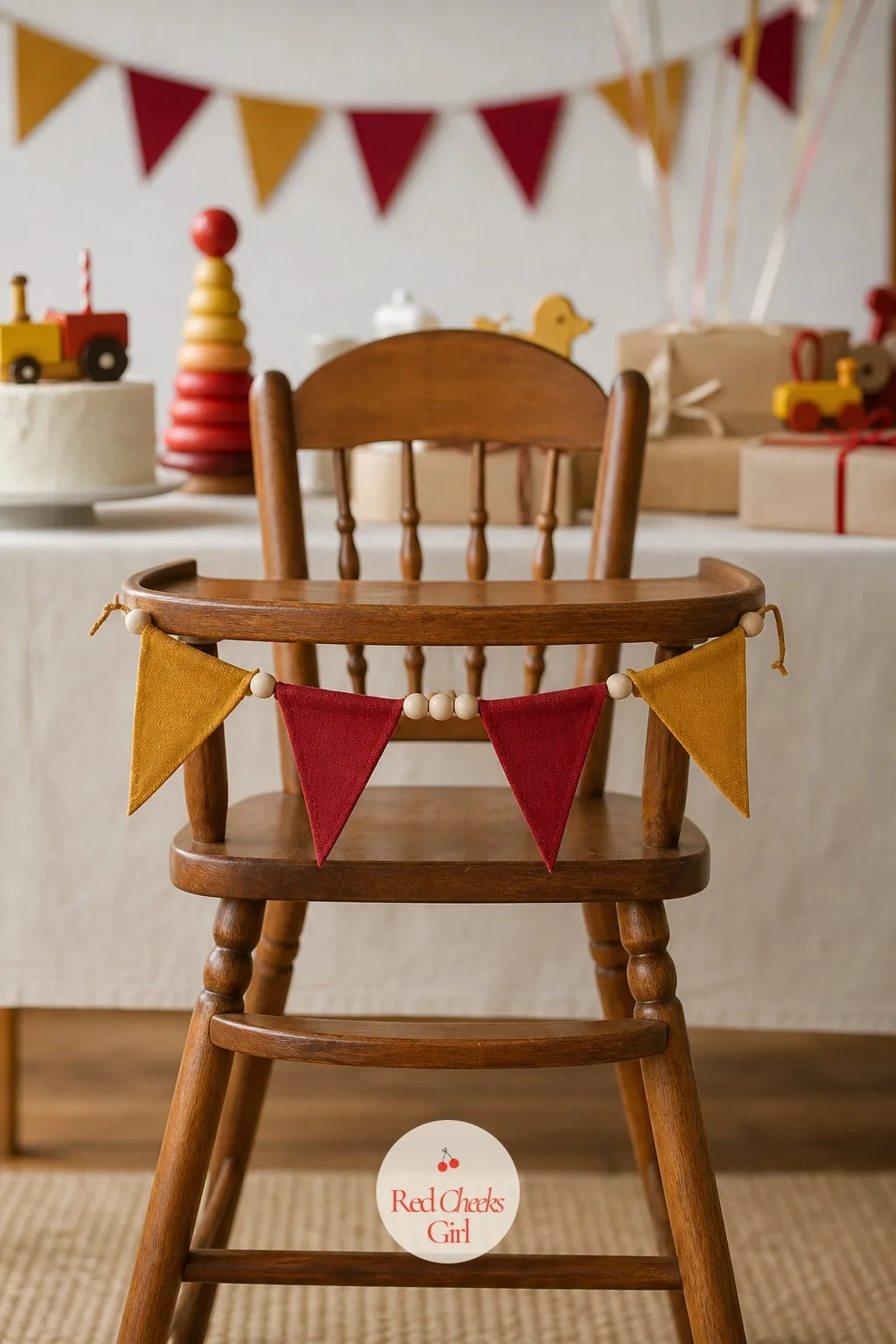High Chair Banner — A high chair left bare photographs like an afterthought. Vintage toy birthday party