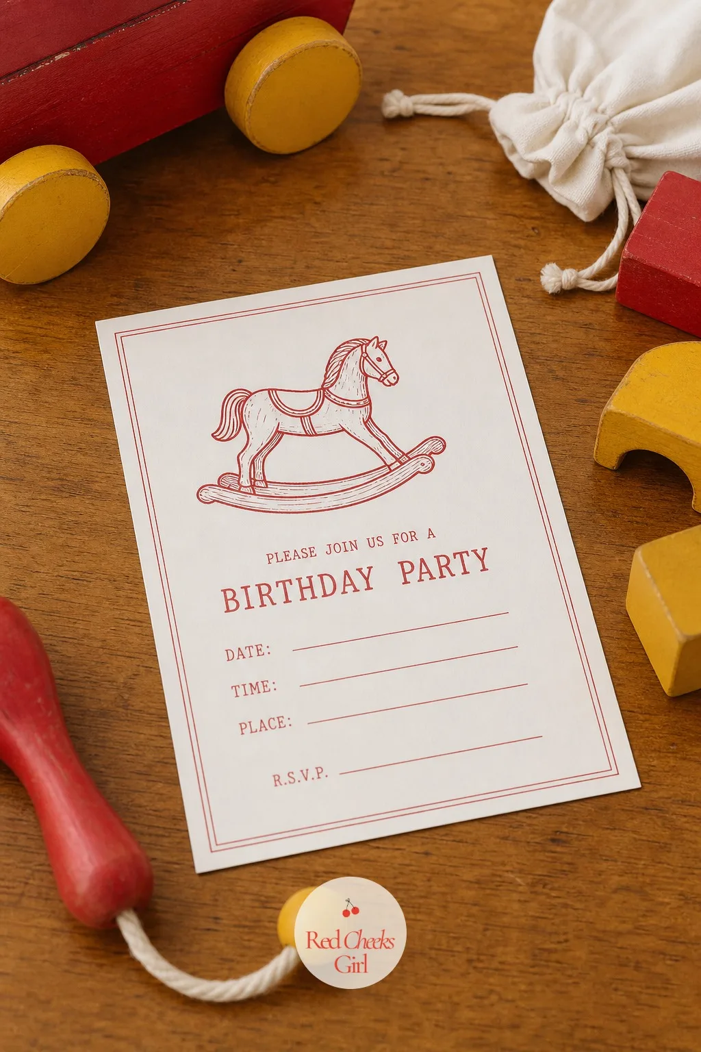 Invitation — A balloon clipart invitation sets up expectations this party never meant to make. Vintage toy birthday party