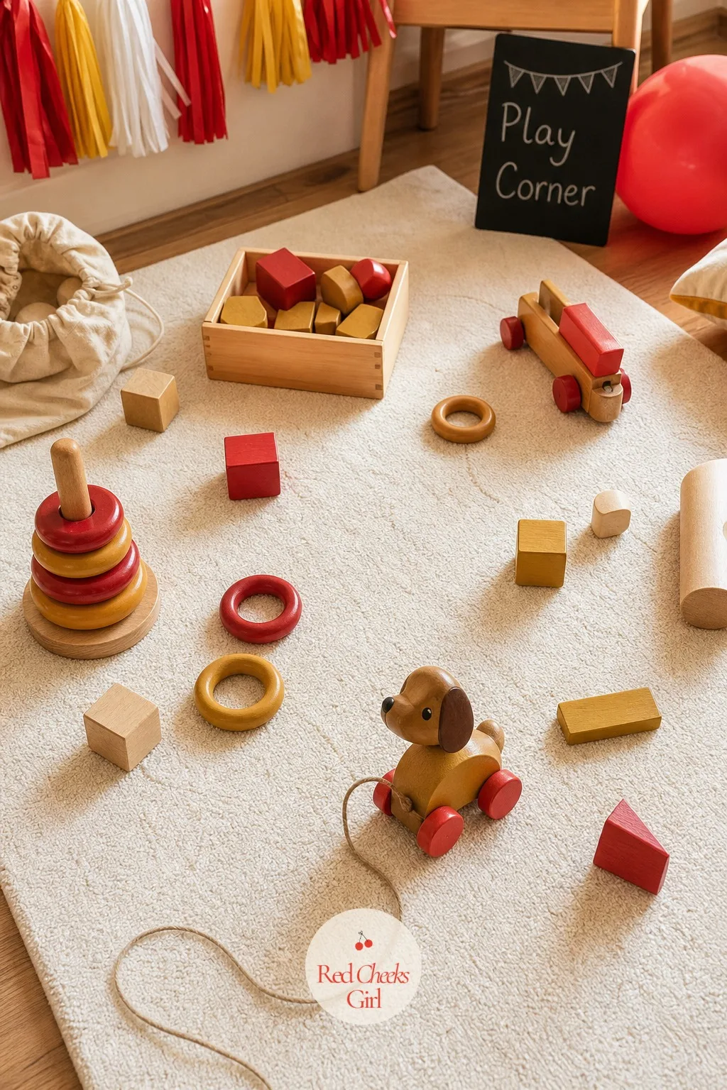 Play Corner With Wooden Toys — A party with nowhere to sit down ends with every toddler underfoot at the dessert table. Vintage toy birthday party