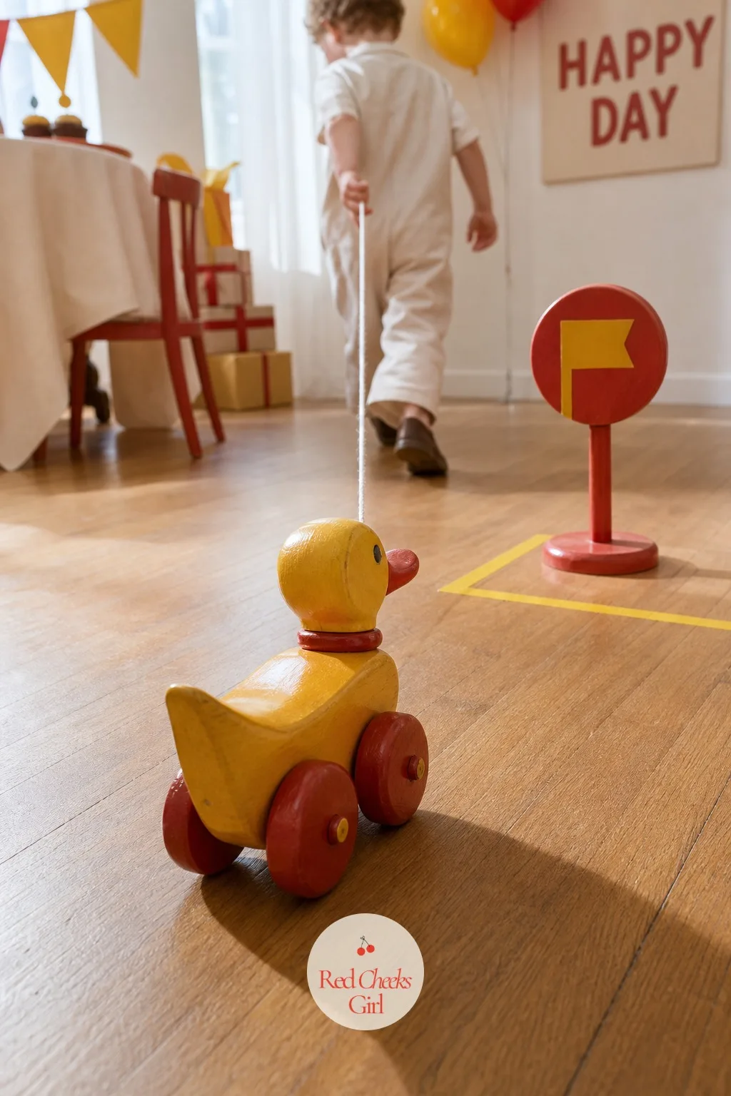 Pull Along Animal Parade Relay — Line up two pull along animal toys at a marked start, one team per toy, and set a turning point a short distance away. Vintage