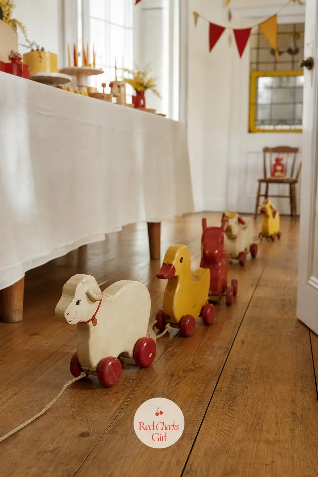 Pull Along Animal Welcome Trail — Guests arriving to a bare hallway have nowhere to look until the actual room. Vintage toy birthday party