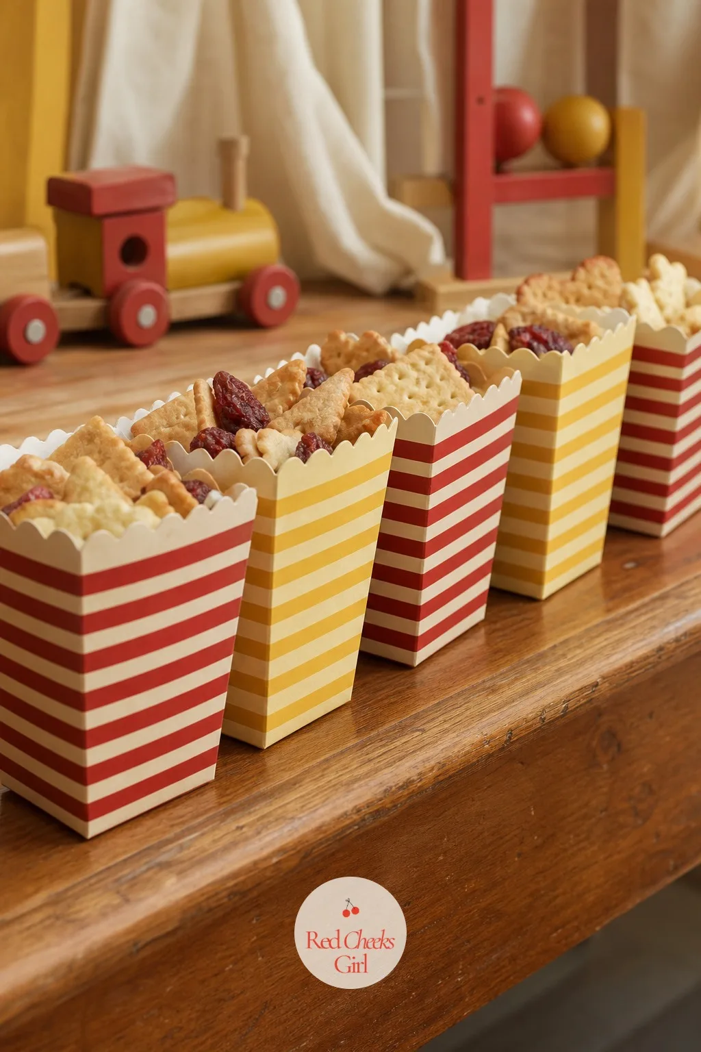 Retro Snack Boxes — A bowl of crackers in the middle of the table gets picked at by everyone's hands. Vintage toy birthday party
