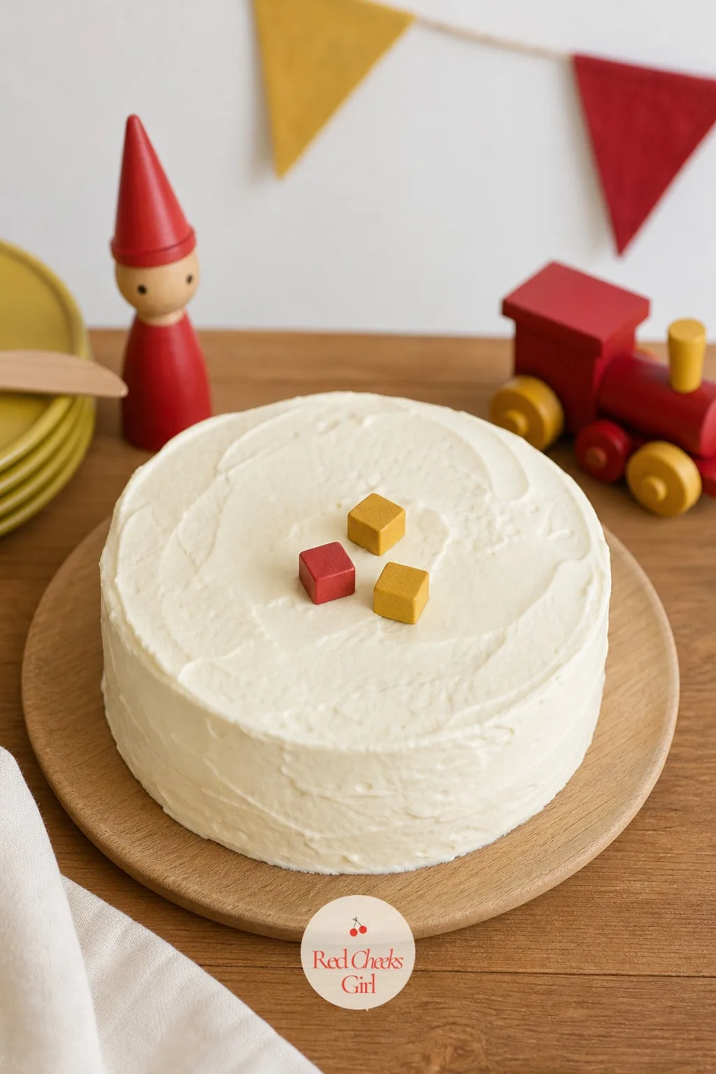 Smash Cake Topped With Wooden Blocks — A plain cake with candles reads as any birthday, not this one. Vintage toy birthday party