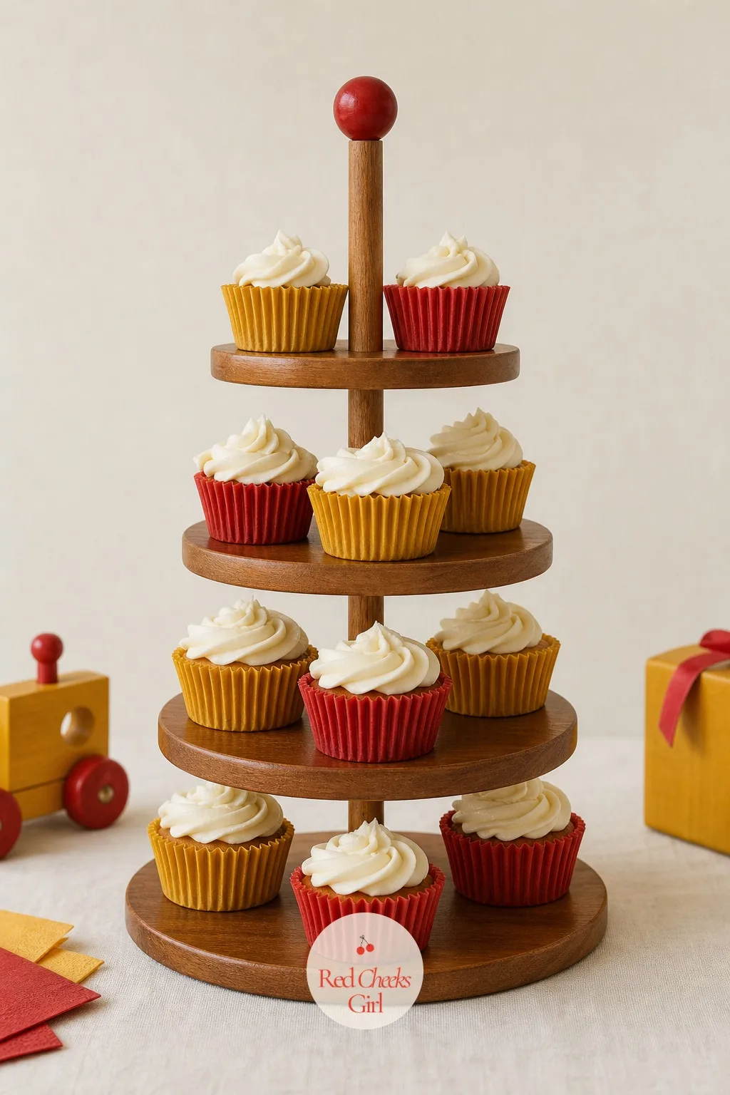 Stacking Ring Cupcake Stand — A plain tiered stand holds cupcakes well enough but says nothing about the theme. Vintage toy birthday party