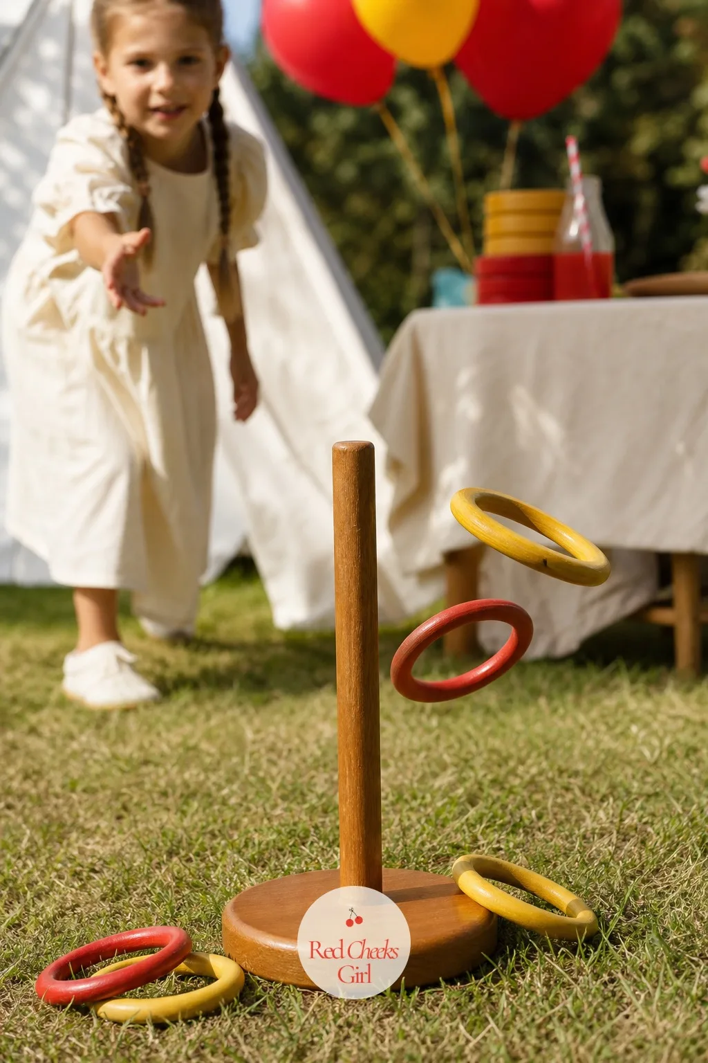 Stacking Ring Toss — Real stacking ring toys do double duty as a toss game once the base is swapped for a simple upright dowel fixed to a wood block. Vintage