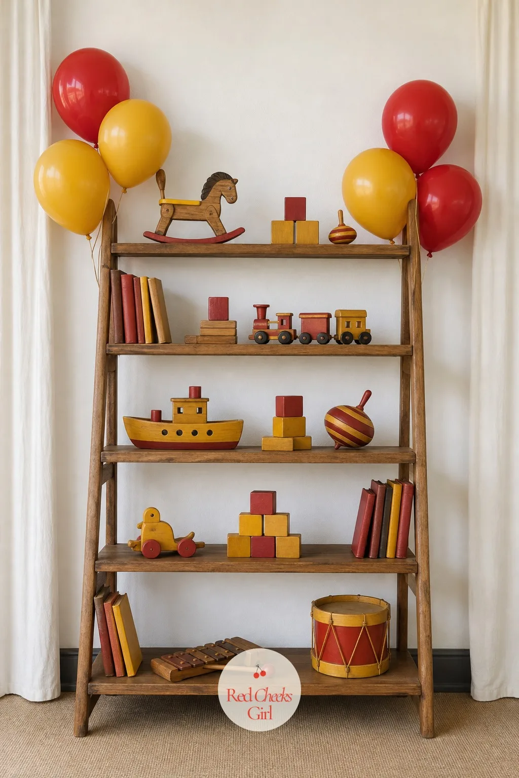 Toy Shelf Backdrop With Balloons — An empty wall behind a high chair says nothing. Vintage toy birthday party