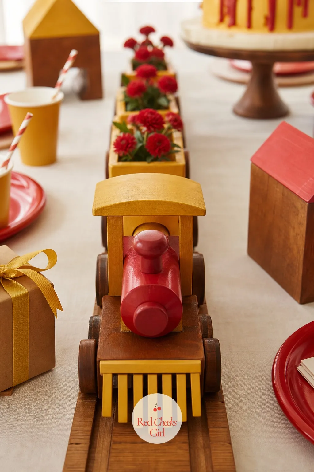 Toy Train Centerpiece — A bare runner down the center of a long table leaves an obvious gap. Vintage toy birthday party