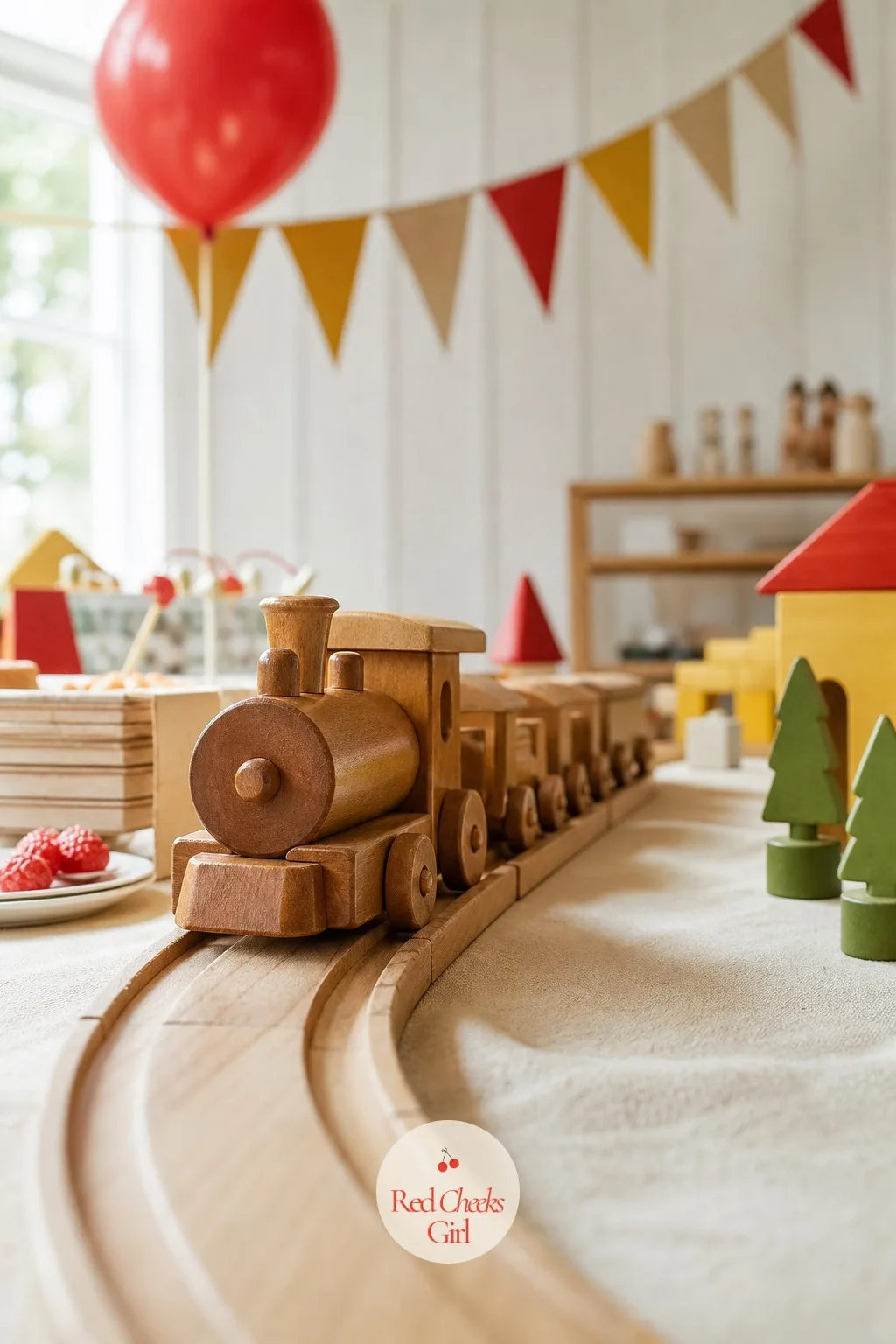 Toy Train Track Relay — Two teams, two piles of wooden train track, one marked finish line across the floor. Vintage toy birthday party