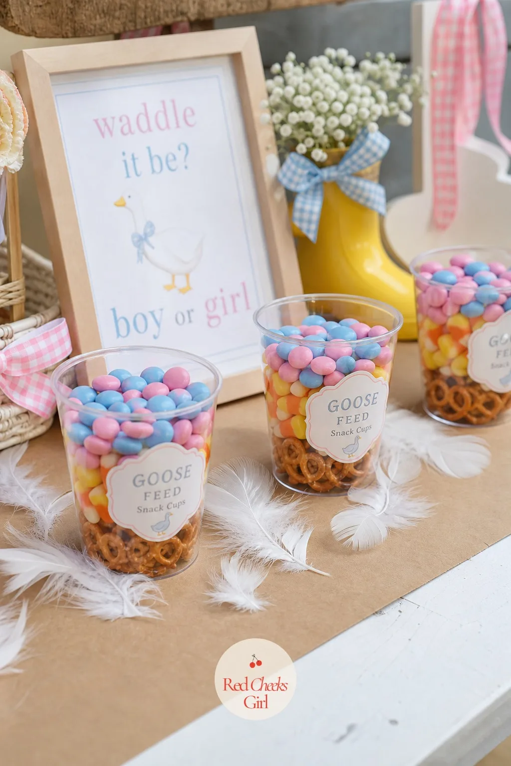 Goose Feed Snack Cups — Not every dessert needs to be sweet, and this one is the salty break between cake and cookies. Waddle it be gender reveal