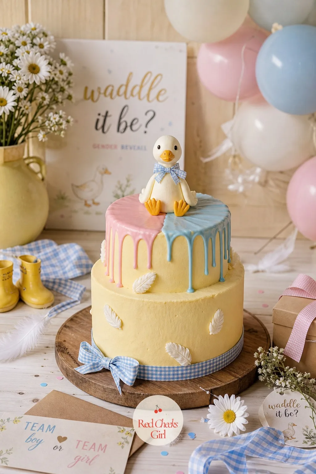 Gosling Drip Cake — A plain yellow cake would read as a lemon cake and nothing more. Waddle it be gender reveal