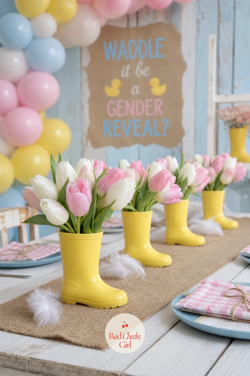 Rain Boot Vase Centerpieces — A glass vase says baby shower in a way she has already seen a hundred times. Waddle it be gender reveal