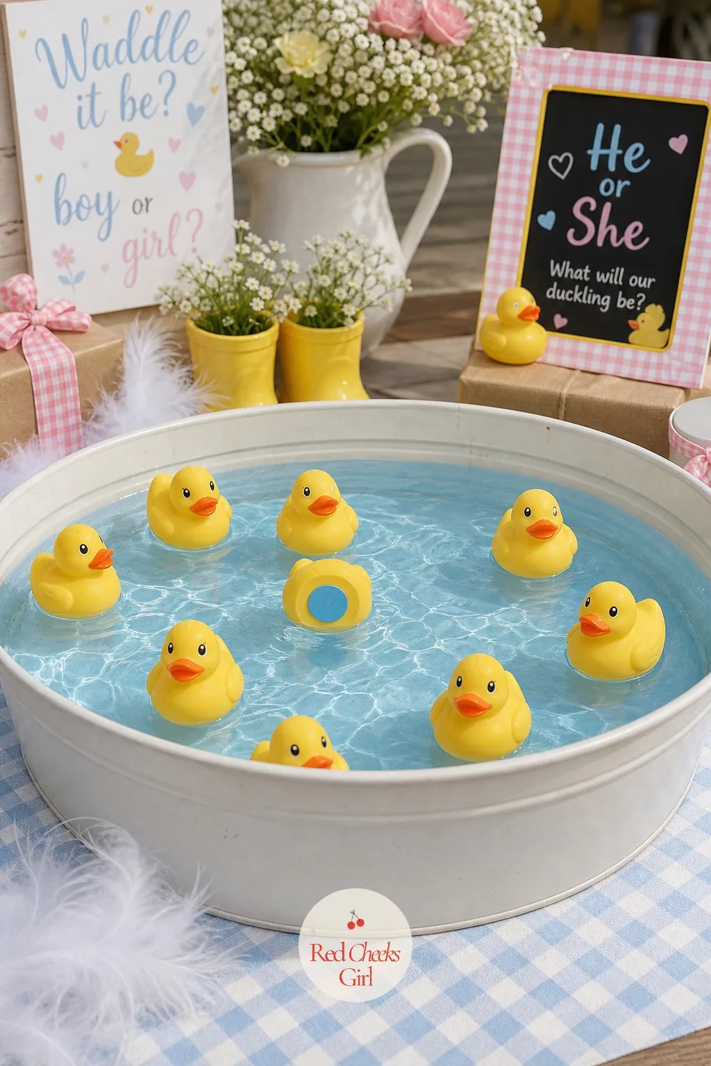 Rubber Duck Pond Pick — A dozen identical yellow ducks float on a tub of water, and only one of them is carrying the answer written underneath. Waddle it be