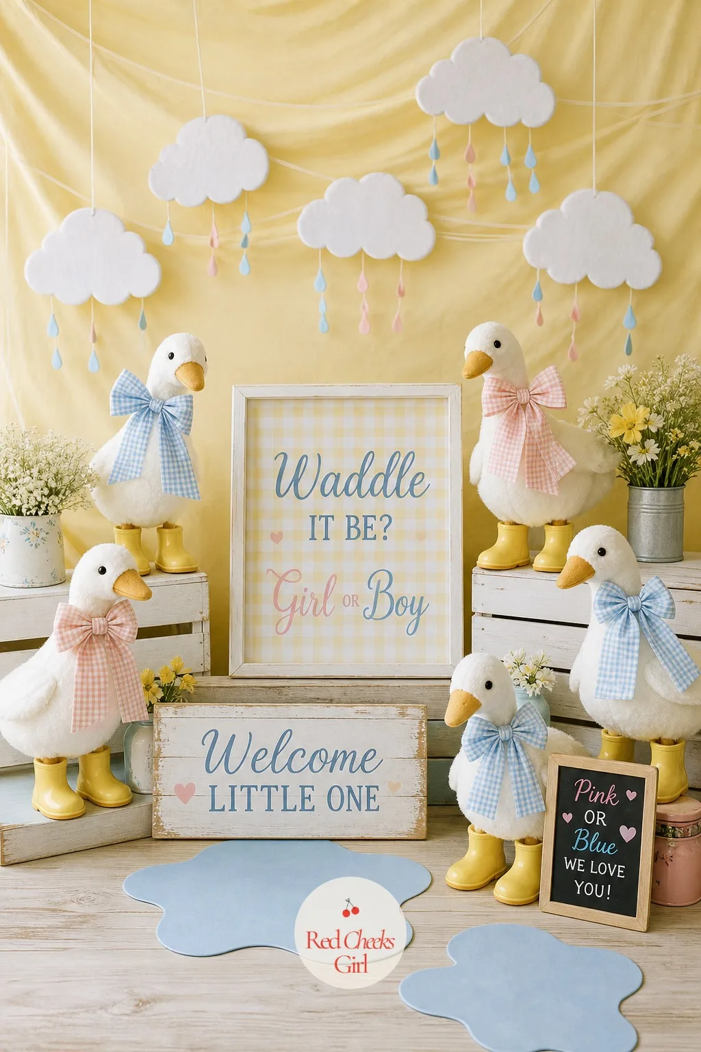 Silly Goose Backdrop in Bows and Rain Boots — She would say a backdrop is the one thing that eats a whole afternoon. Waddle it be gender reveal