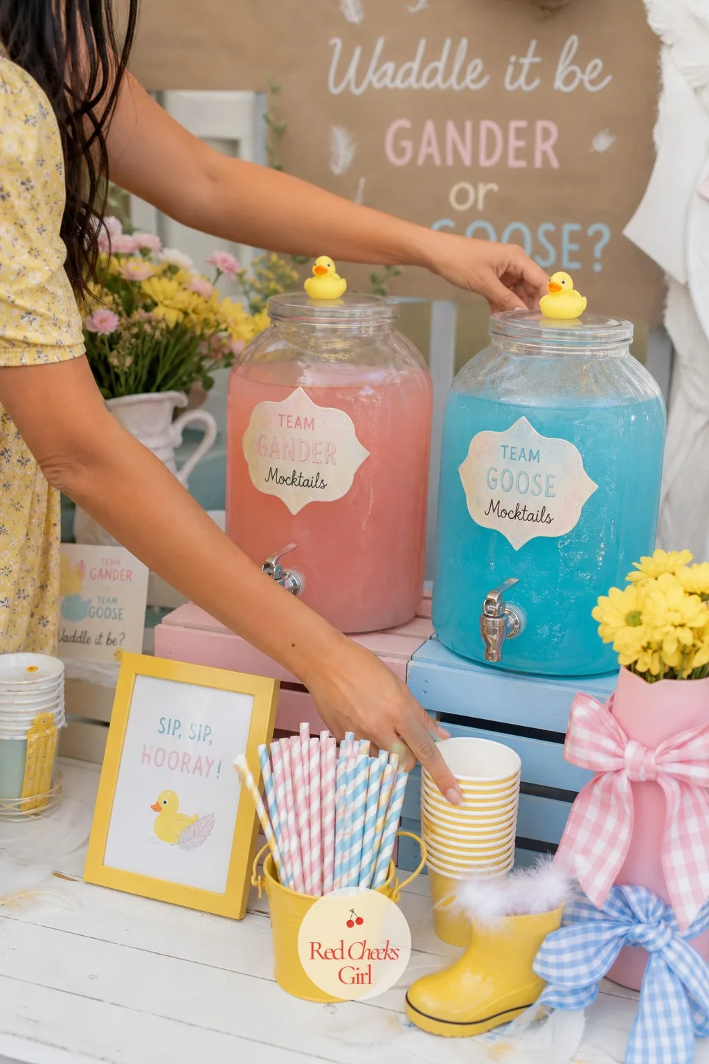 Team Gander Team Goose Mocktails — Two drinks, two names, no actual bartending involved. Waddle it be gender reveal