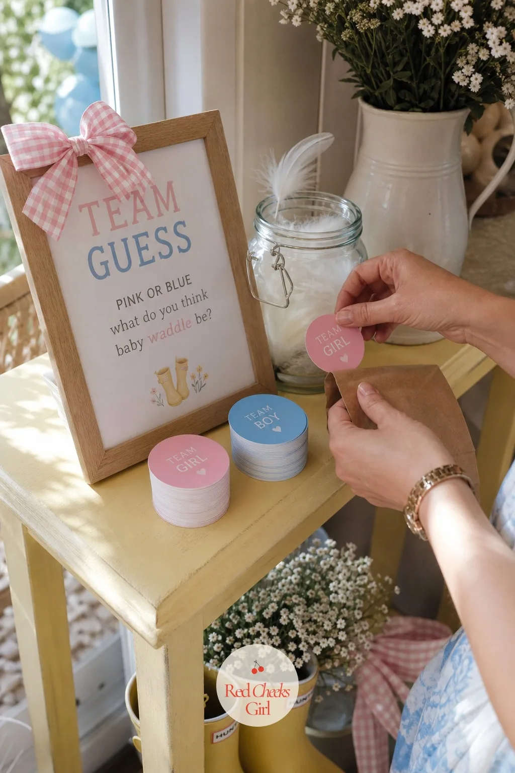 Team Guess Sticker Station — She wants guests involved the moment they walk in, not twenty minutes into the party once everyone is seated. Waddle it be gender