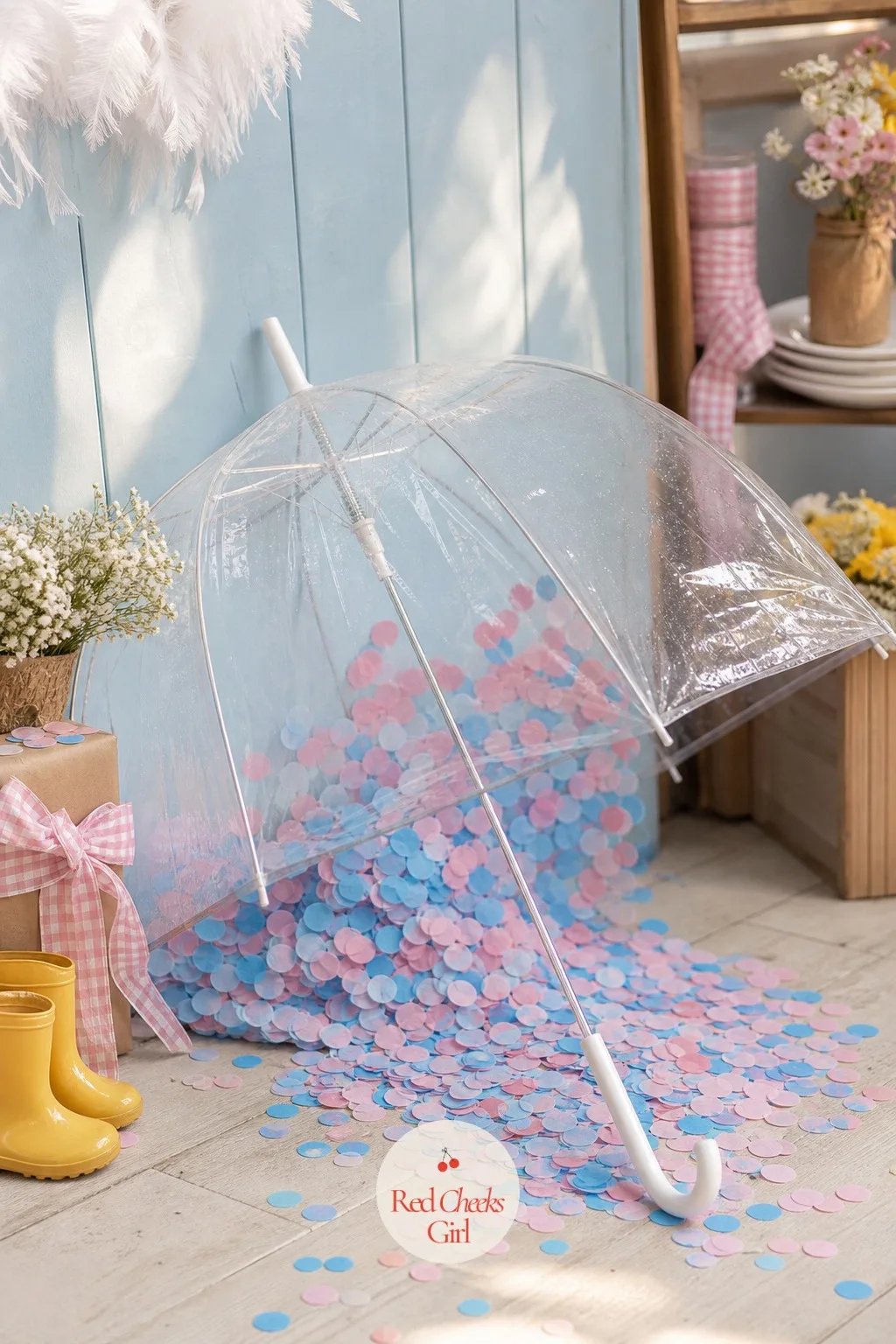 Umbrella Confetti Pop — A closed umbrella leaning against the wall gives nothing away until someone pops it open and pink or blue confetti rains straight down.