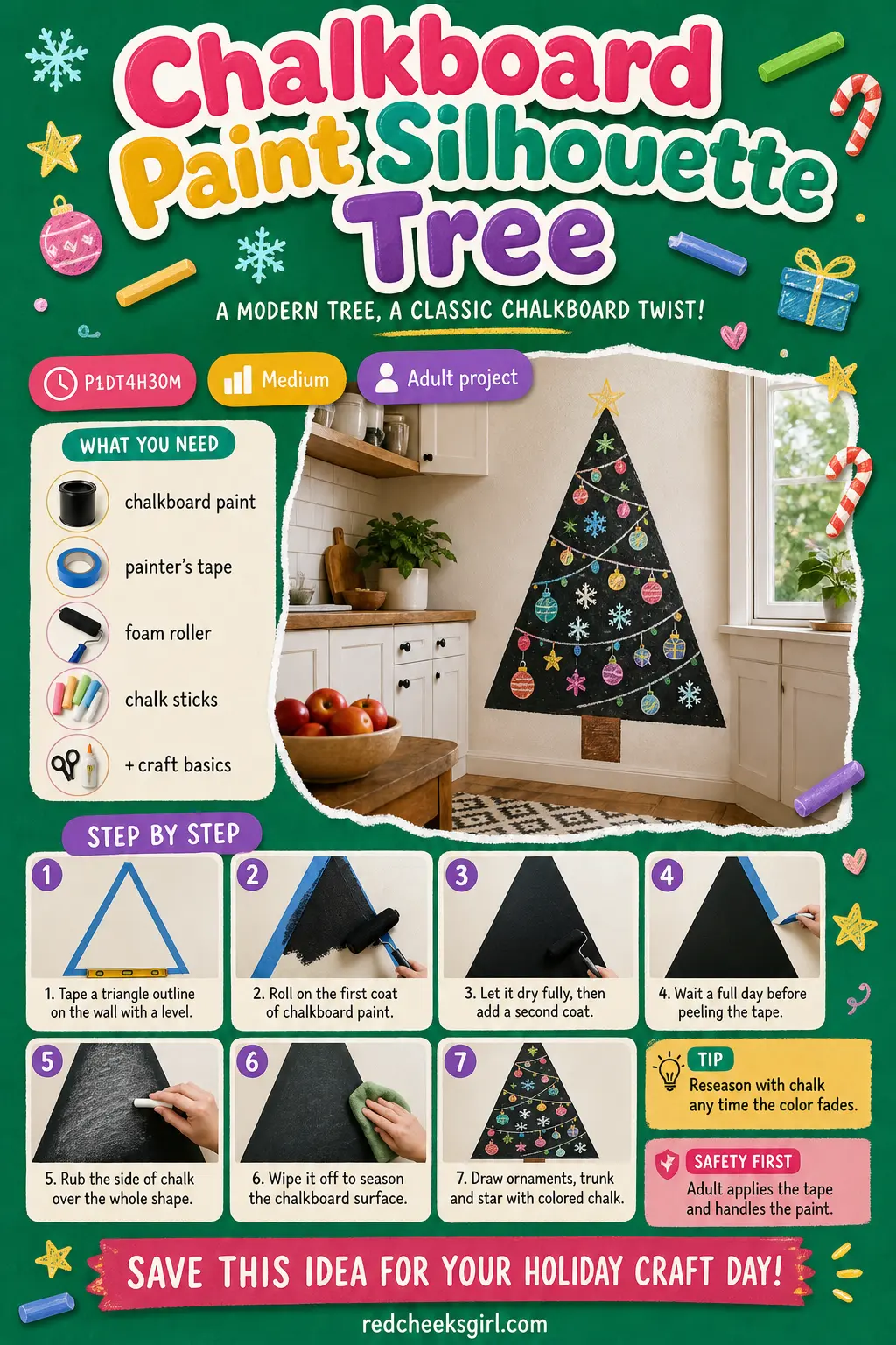 Chalkboard Paint Silhouette Tree Craft Card printable sheet — Printable card with finished chalkboard tree photo, materials and 7 steps. Wall christmas tree
