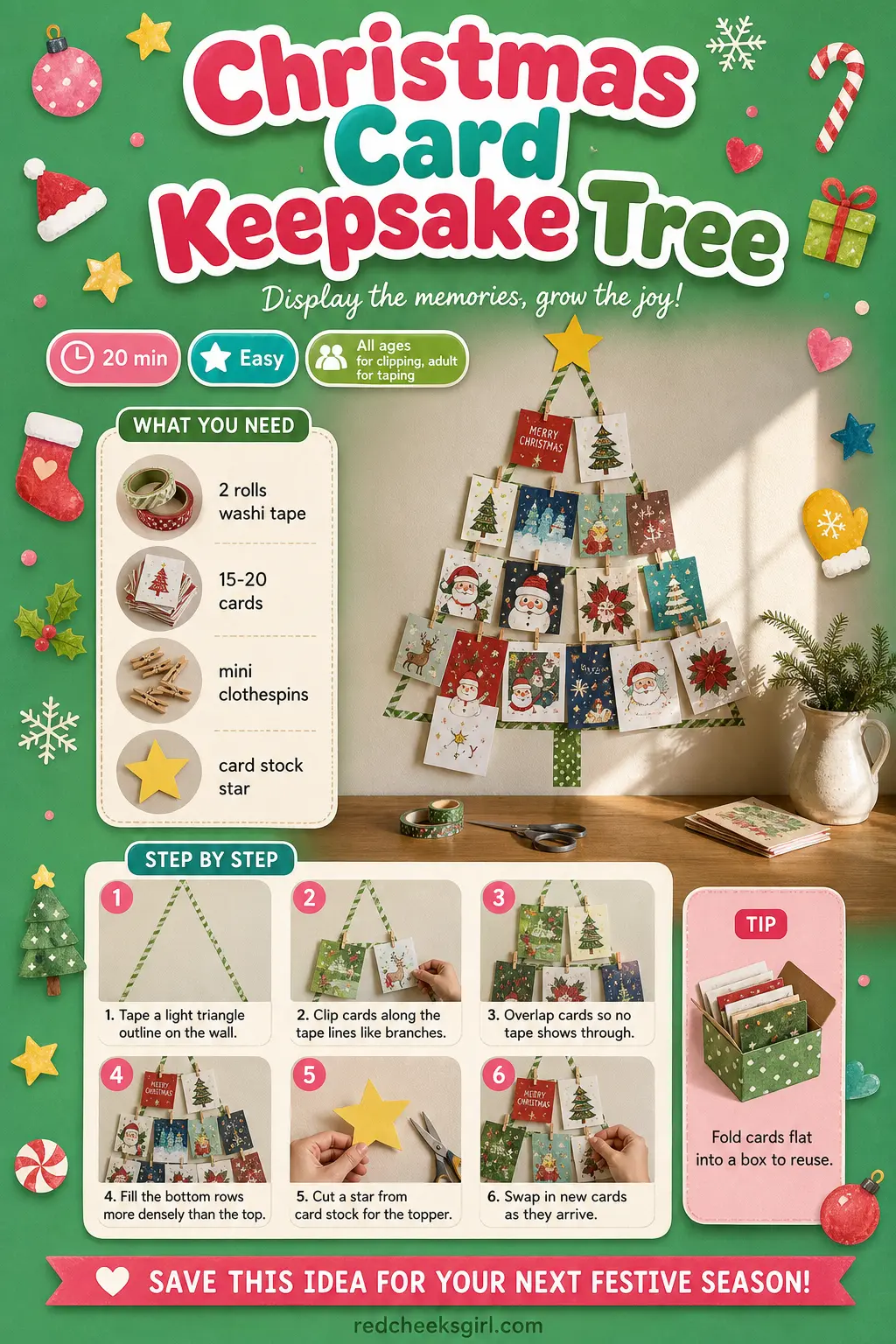 Christmas Card Keepsake Tree Craft Card printable sheet — Printable card with finished card tree photo, materials and 6 steps. Wall christmas tree ideas