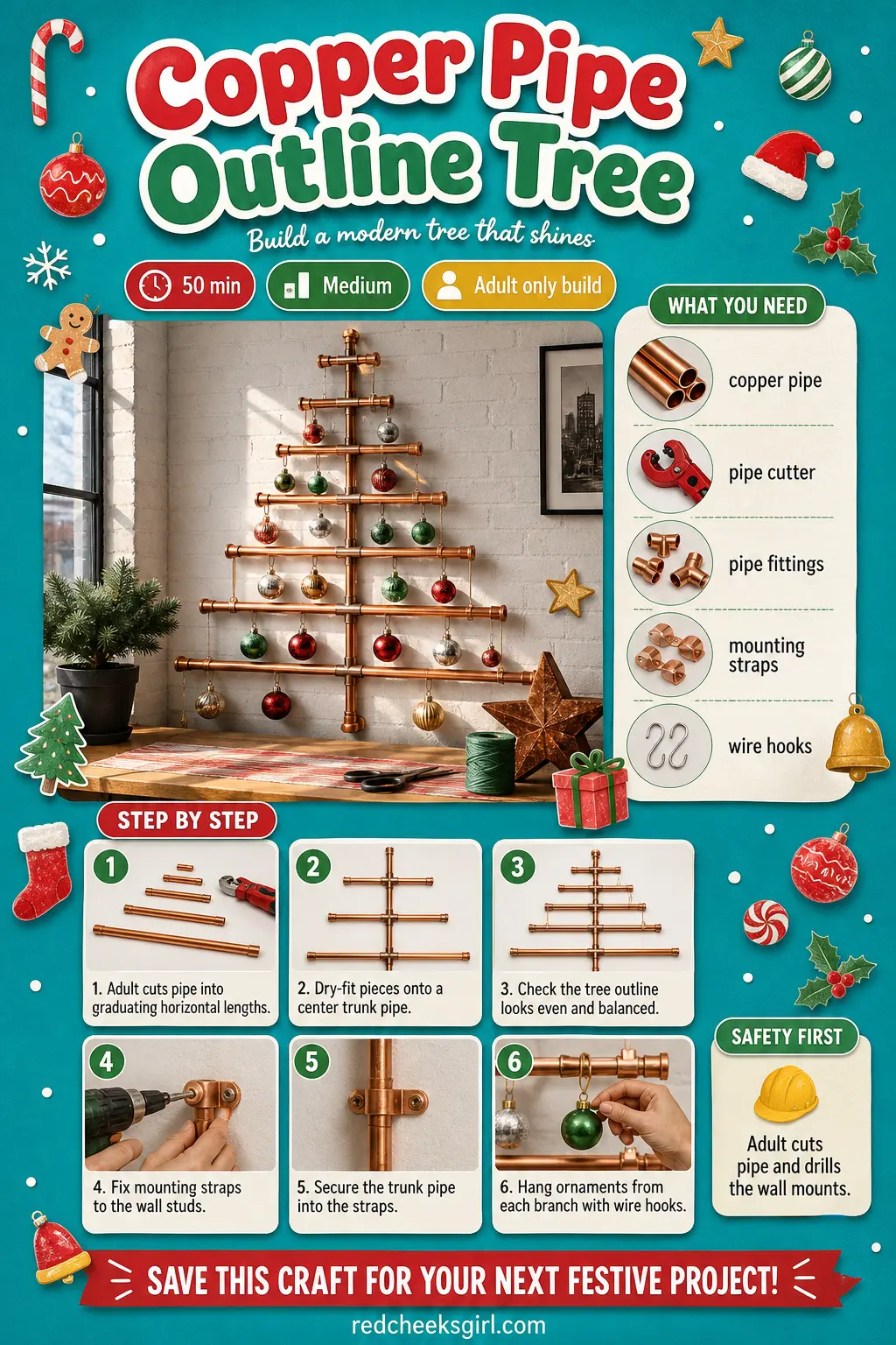 Copper Pipe Outline Tree Craft Card printable sheet — Printable card with finished pipe tree photo, materials and 6 steps. Wall christmas tree ideas