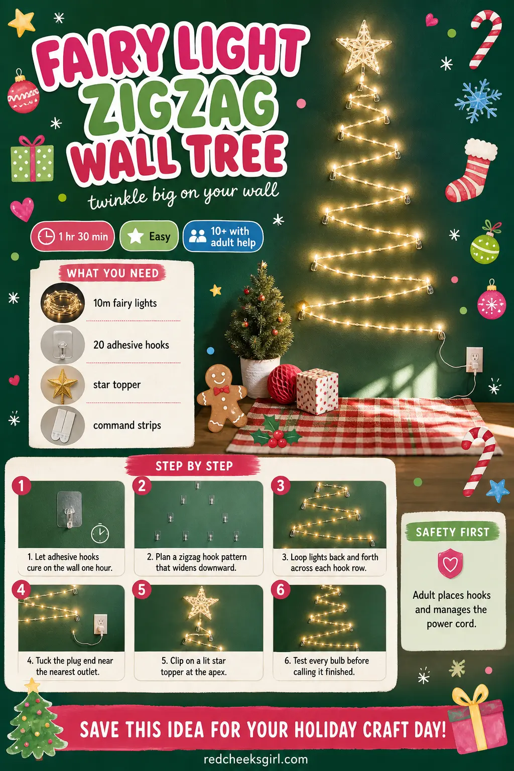 Fairy Light Zigzag Wall Tree Craft Card printable sheet — Printable card with glowing light tree photo, materials and 6 steps. Wall christmas tree ideas