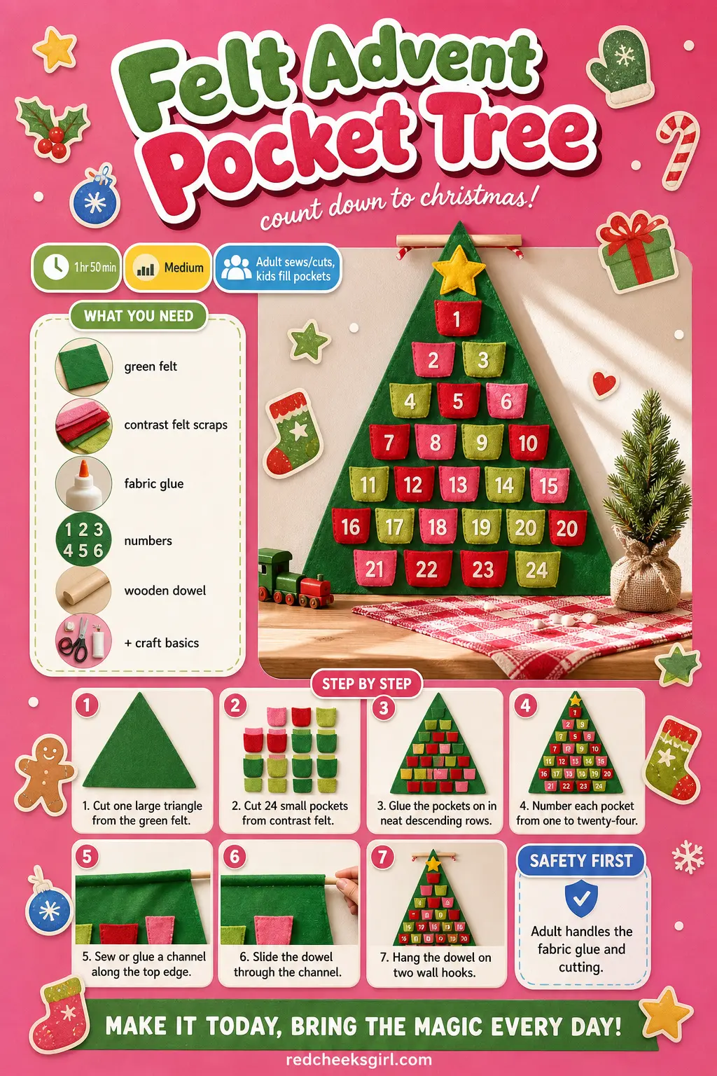 Felt Advent Pocket Tree Craft Card printable sheet — Printable card with finished felt pocket tree photo, materials and 7 steps. Wall christmas tree ideas