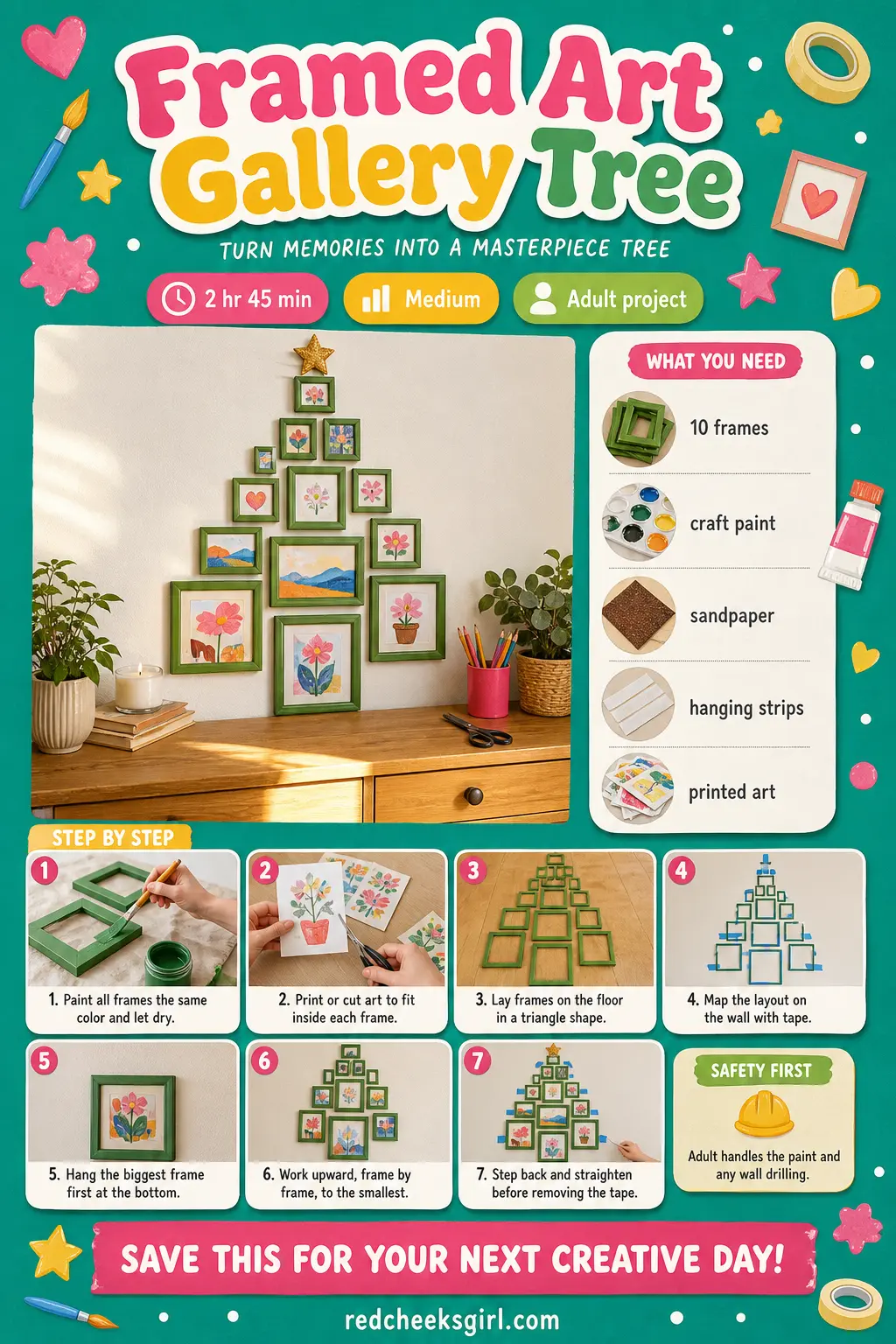 Framed Art Gallery Tree Craft Card printable sheet — Printable card with finished frame tree photo, materials and 7 steps. Wall christmas tree ideas