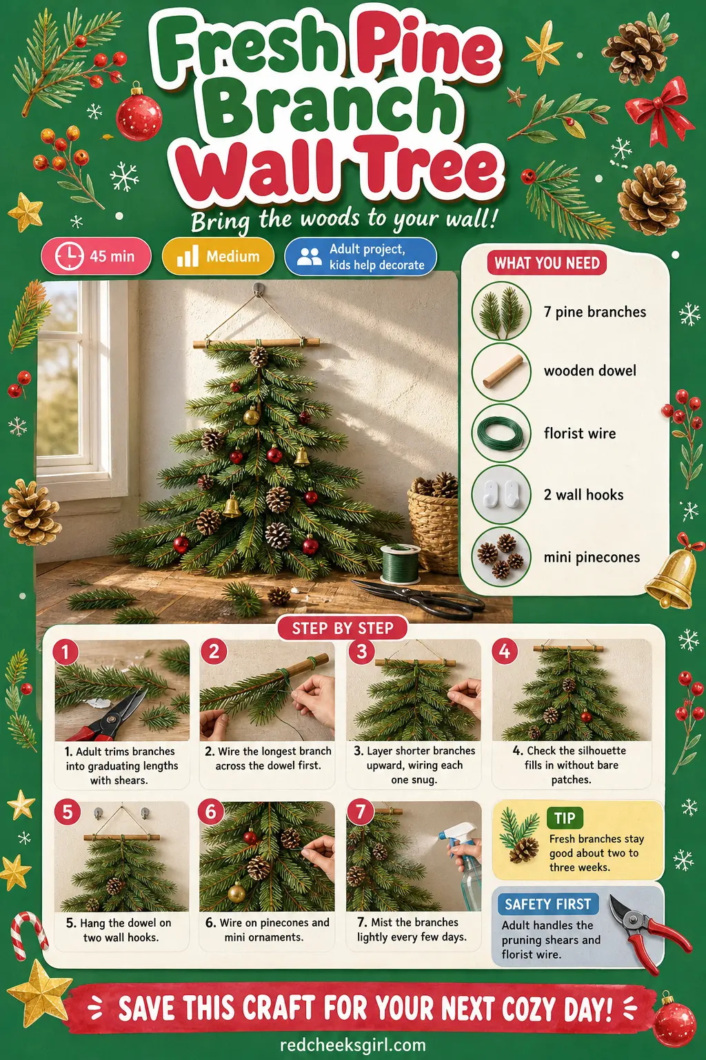 Fresh Pine Branch Wall Tree Craft Card printable sheet — Printable card with finished branch tree photo, materials and 7 steps. Wall christmas tree ideas