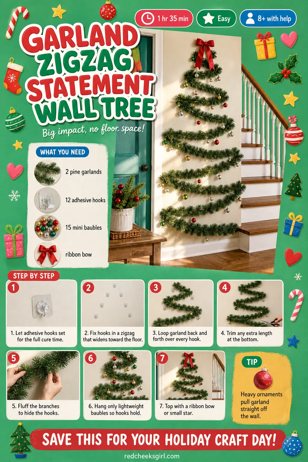Garland Zigzag Statement Wall Tree Craft Card printable sheet — Printable card with large garland tree photo, materials and 7 steps. Wall christmas tree ideas