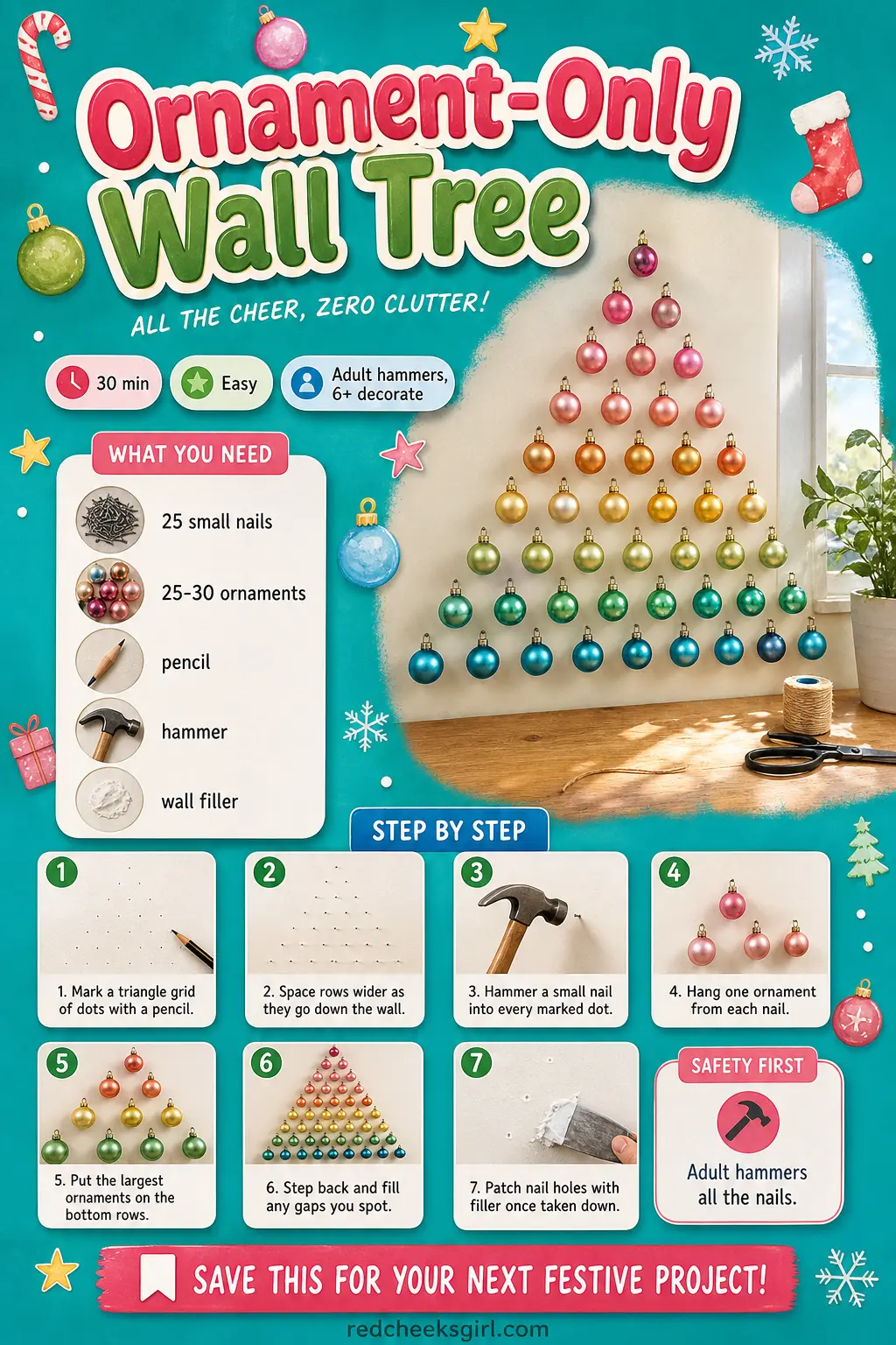 Ornament-Only Wall Tree Craft Card printable sheet — Printable card with finished ornament grid photo, materials and 7 steps. Wall christmas tree ideas